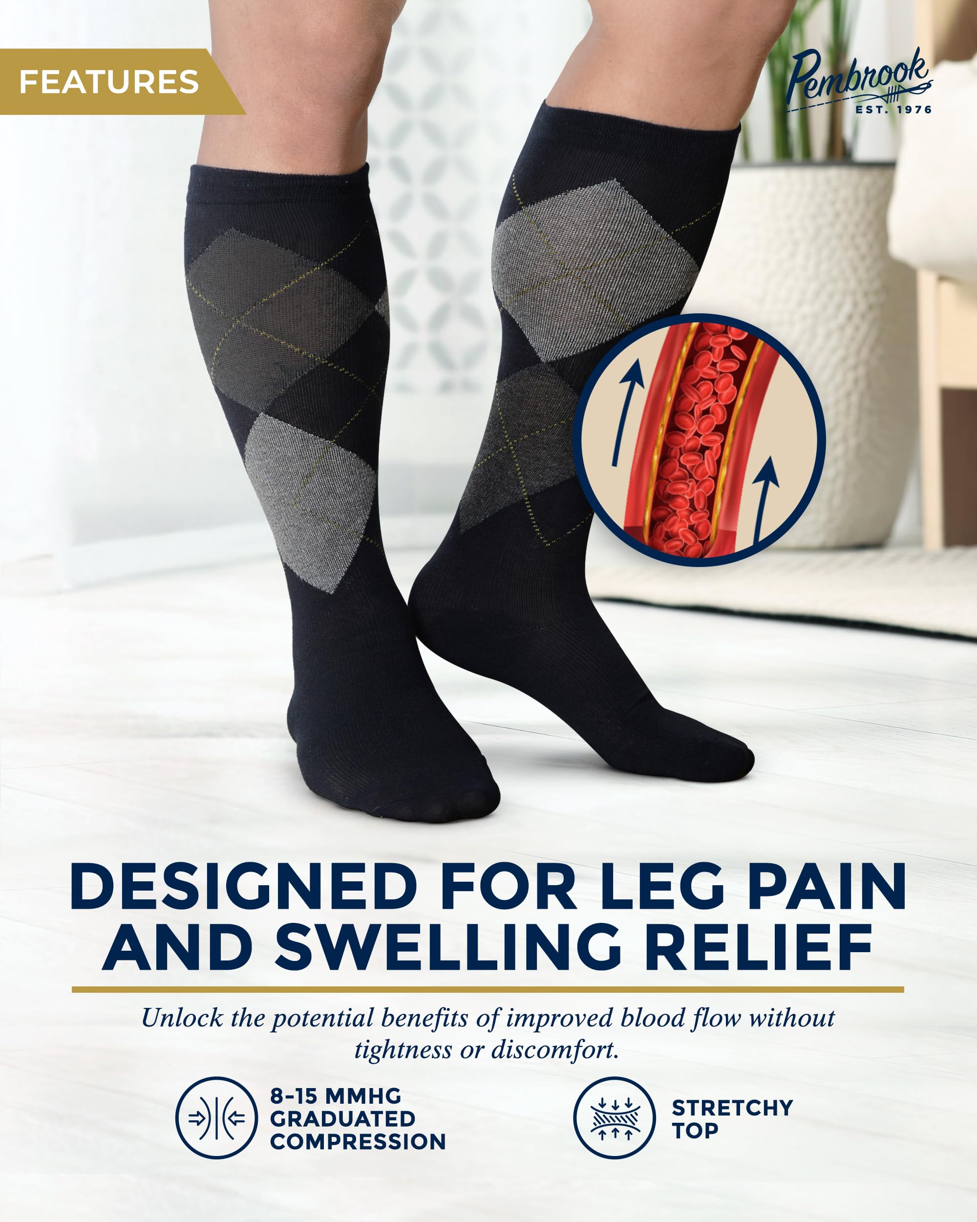 Pembrook Men's Light Compression Socks 6-Pack (8-15 mmHg) - Graduated Support Socks for Circulation, Travel & Recovery - Best for Running, Nursing & Long Flights