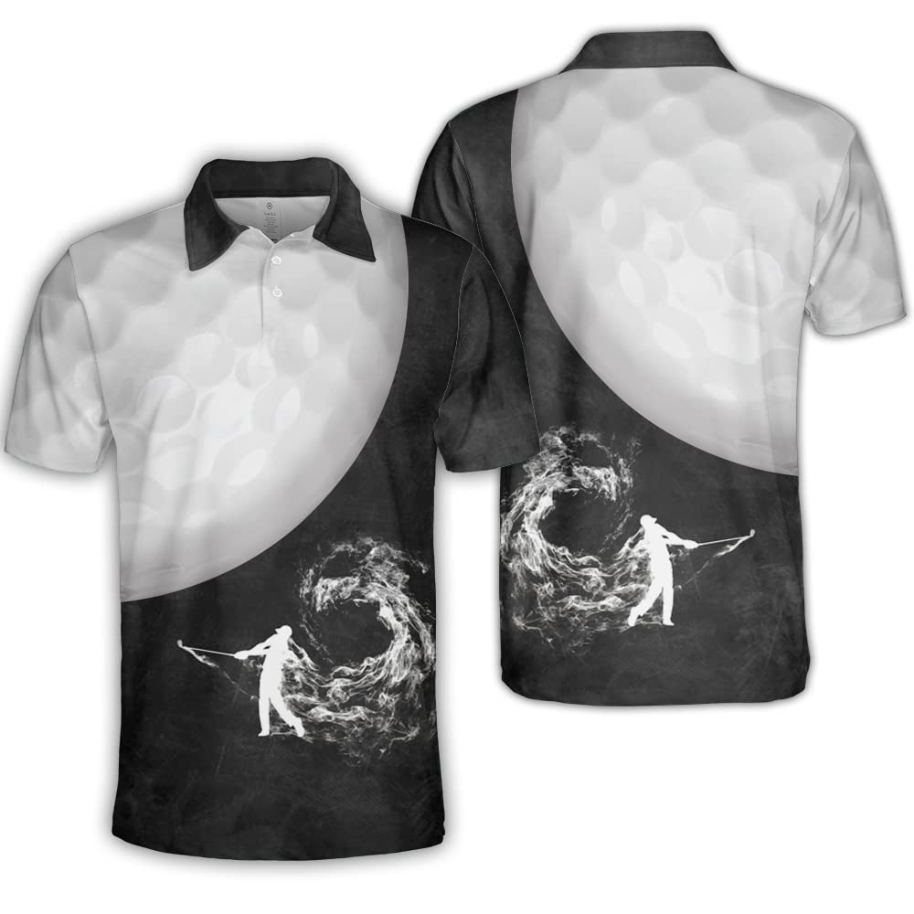 Polomore Men's Versatile Golf Polo Shirts - Breathable Short Sleeve Performance Shirt with Golfball & Golfer Smoke Design - Perfect for Golf Tournaments, Casual Wear & Father's Day Gifts