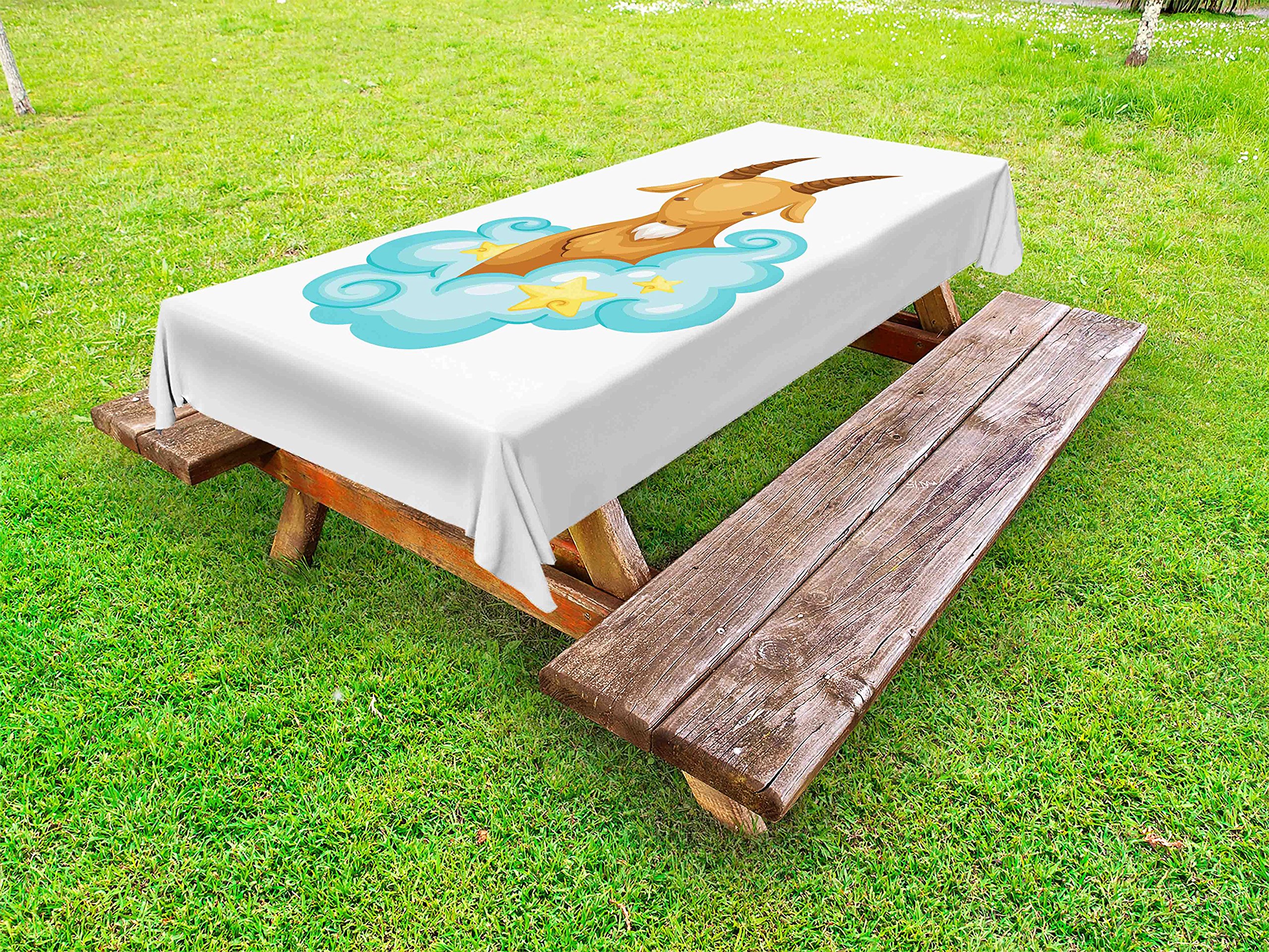 Ambesonne Zodiac Capricorn Outdoor Tablecloth - Astrology Themed Cartoon Goat with Horns in Clouds - Washable Picnic Table Cover 58x120 Inches - Pale Brown Blue Yellow for Garden Party, BBQ, Camping & Outdoor Dining