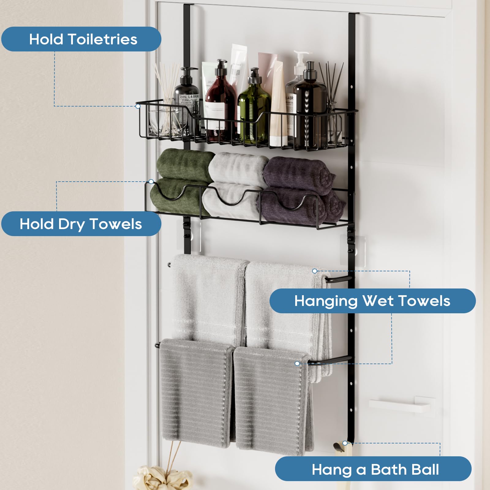 4-Tier Adjustable Over The Door Towel Rack with Storage Basket - Space Saving Bathroom Towel Holder for Bath, Shower & Kitchen - Perfect for Small Spaces, Apartments & Dorm Rooms