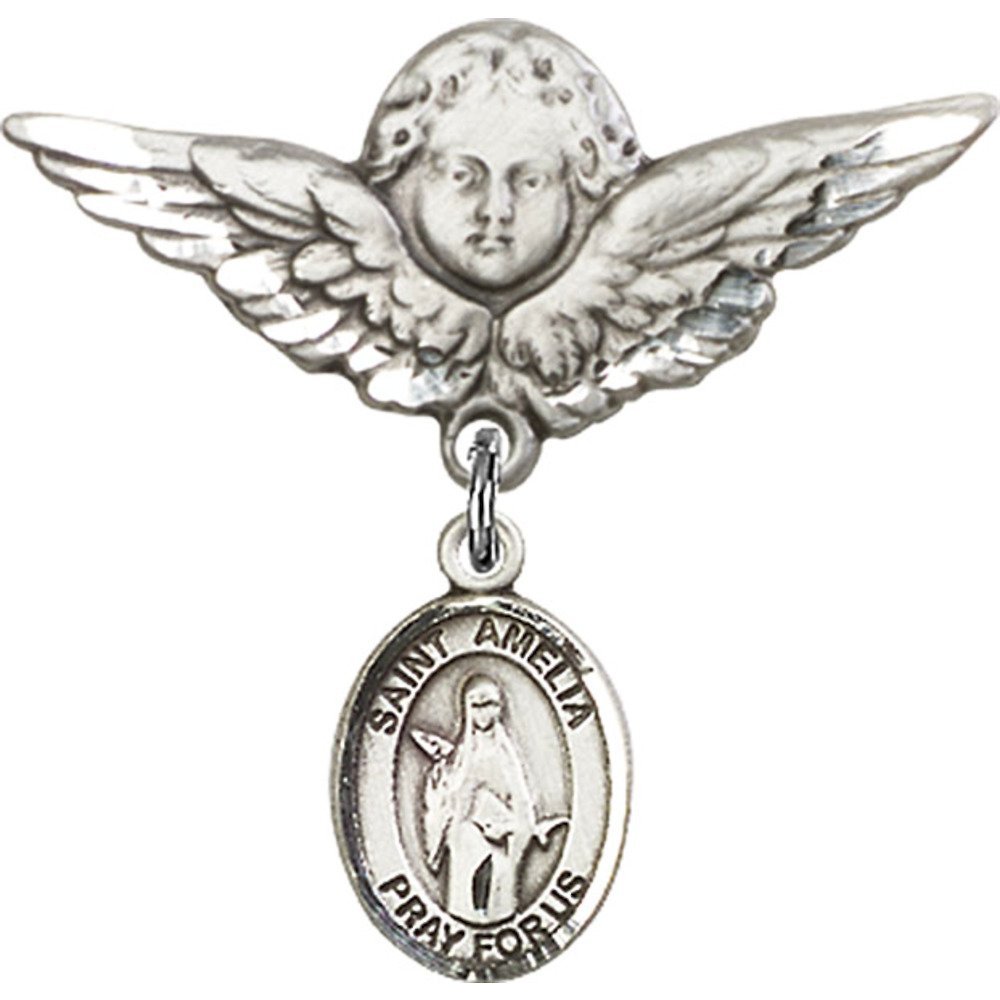 Sterling Silver Baby Badge with St. Amelia Charm & Angel Wing Pin - 1 1/8