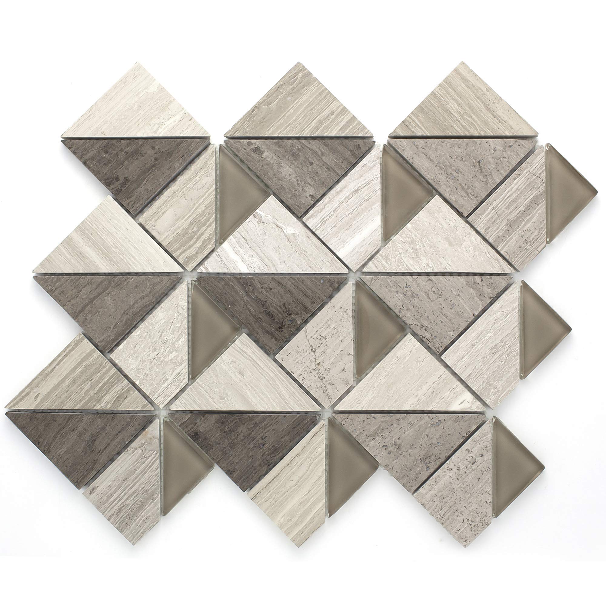 TMOPG-02 Natural Wooden Beige Stone Mosaic Tile Backsplash - 10 Sheets of Triangle Square Pattern Peel and Stick Tiles for Kitchen, Bathroom & Shower Wall Decor