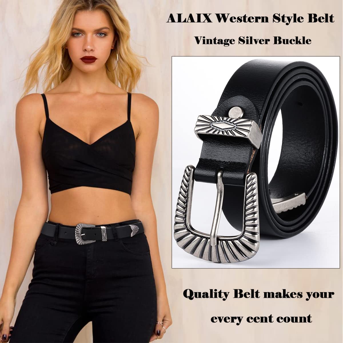 ALAIX Women's Leather Belts with Silver & Gold Buckle - Stylish Black Western Belts for Jeans & Pants | Perfect for Casual Outfits, Office Wear & Western Fashion