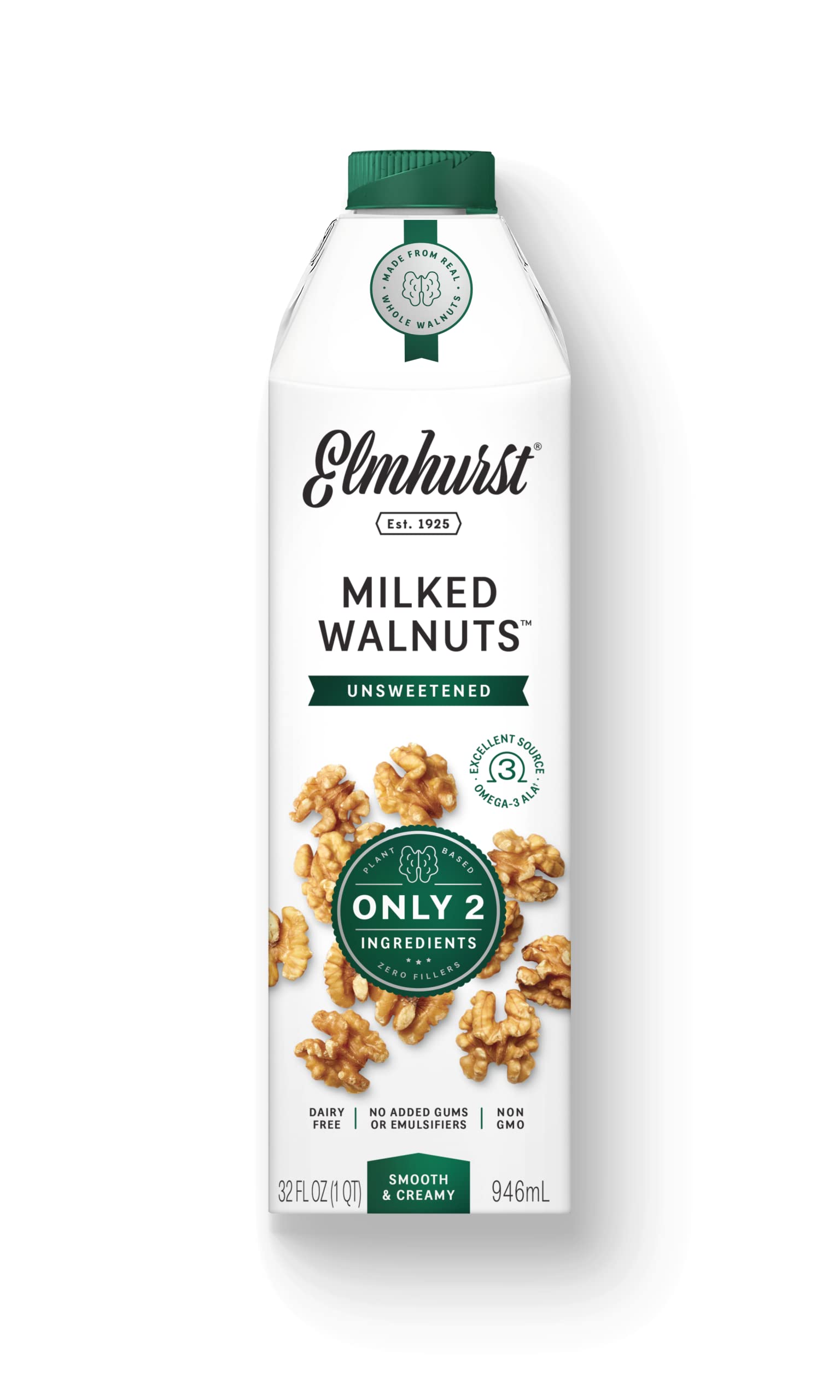 Elmhurst 1925 Unsweetened Walnut Milk - Dairy-Free, Vegan, Plant-Based, 32oz (Pack of 6) | Perfect for Smoothies, Coffee Creamer & Baking | Nutritious Dairy Alternative