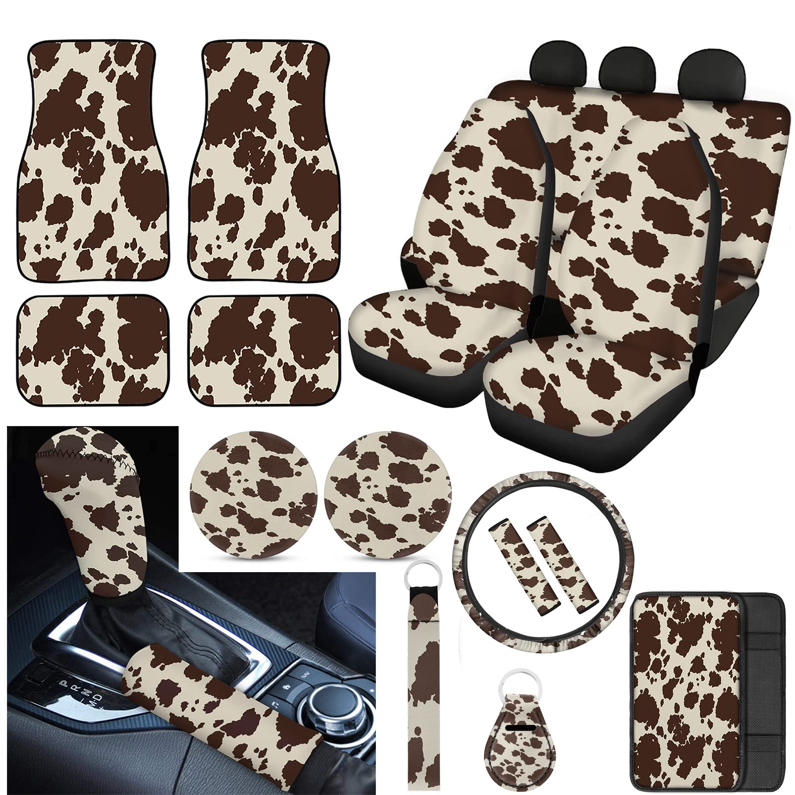 Brown Cow Print Car Accessories Set - 18pcs for Steering Wheel & Seat Covers - Perfect for Country Style Vehicles