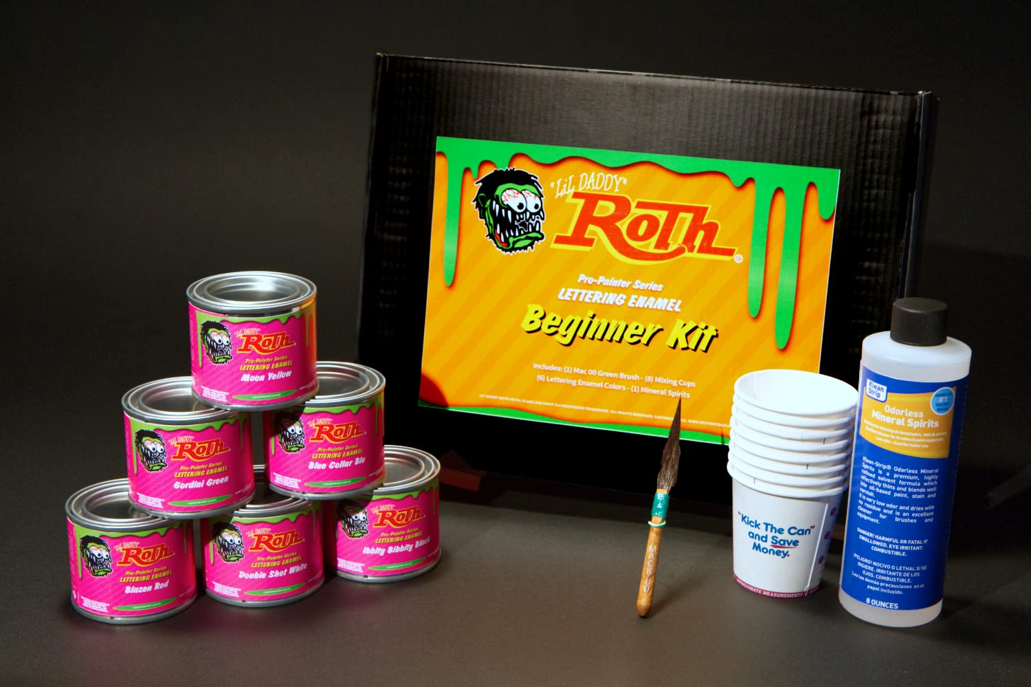 Lil' Daddy Roth Beginner Pinstriping Kit - 6 Vibrant Colors with Brush, Mixing Cups & Mineral Spirits - Perfect for Automotive Art, Motorcycle Customization & DIY Projects