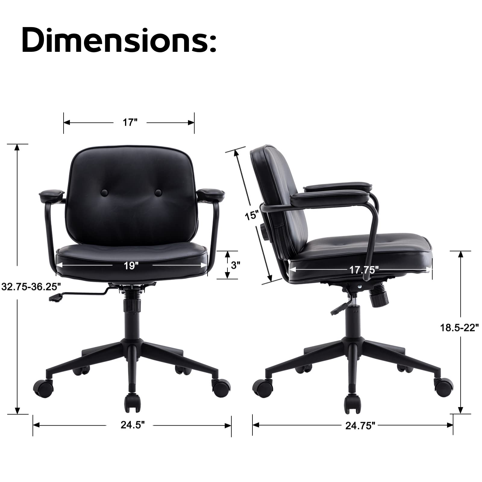 LukeAlon Adjustable PU Leather Office Chair - 360° Swivel Ergonomic Desk Chair with Armrests, Thickened Seat & Tilt Function for Home Office, Study or Gaming - Modern Button Tufted Computer Chair in Black