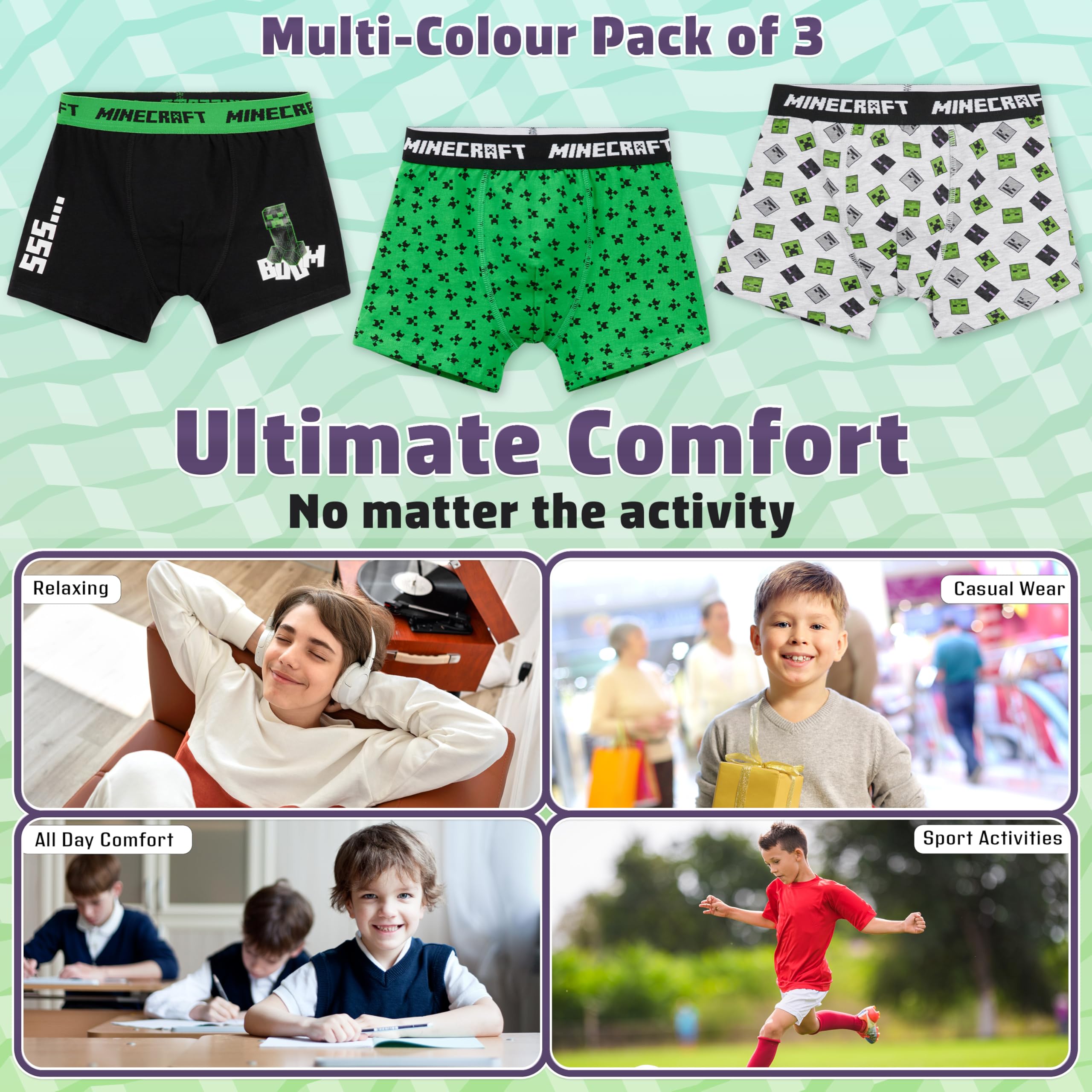 Minecraft Boys Boxer Shorts - 3 Pack Cotton Underwear for Kids - Soft & Comfortable - Perfect Gift for Boys - Ideal for Sleepovers, Playtime & Everyday Wear