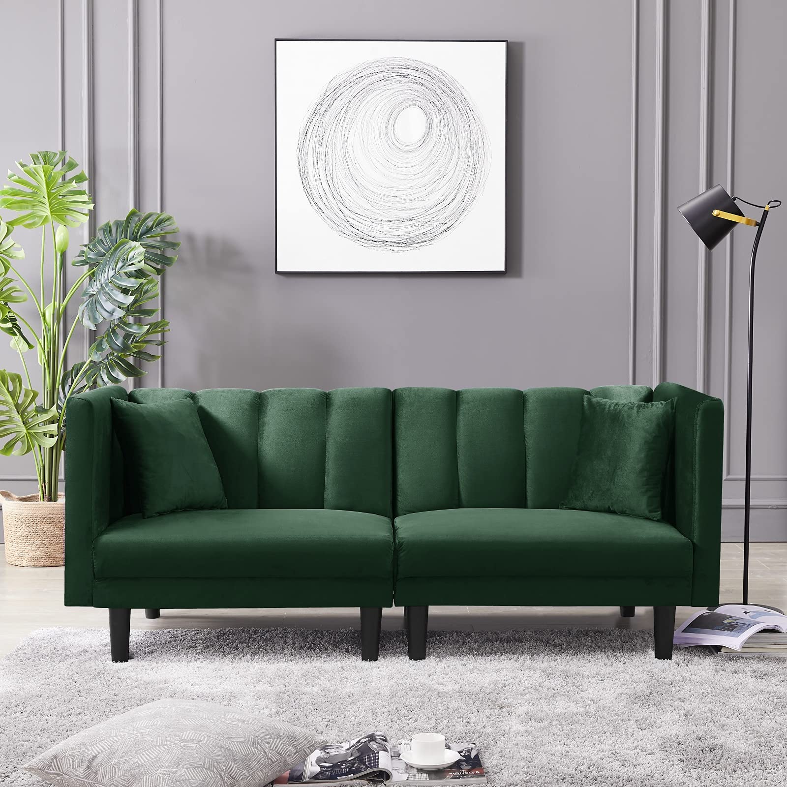 Mid-Century Velvet Loveseat Sofa Sleeper - Tufted Upholstered Convertible Futon Couch with High Armrests & 2 Pillows Included, Green - Perfect for Small Space Living Room, Bedroom or Guest Room