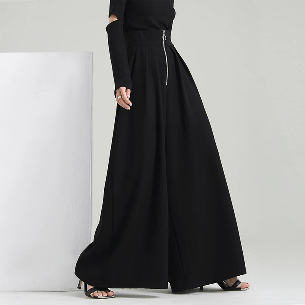 Black Patchwork Zipper Wide Leg Pants for Women - High Waist Loose Minimalist Trousers - Summer Casual Outfit for Streetwear & Office Wear
