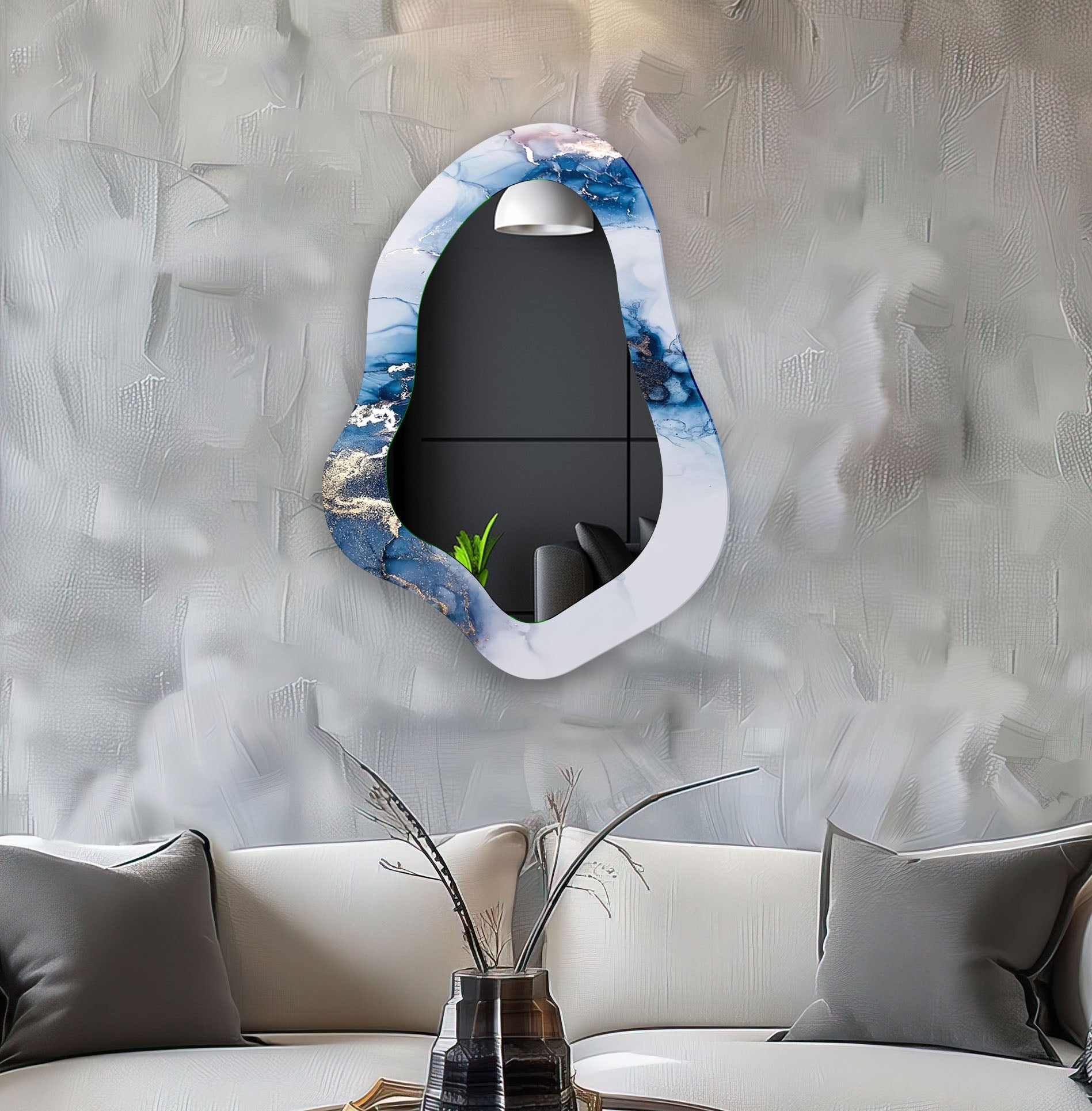 Blue Alcohol Ink Irregular Shaped Wall Mirror - Unique Handmade Decorative Mirror for Living Room, Bedroom, or Bathroom
