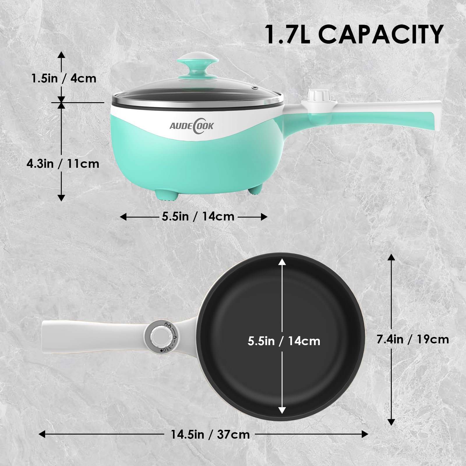 Audecook 1.7L Electric Hot Pot - Portable Nonstick Mini Skillet with Adjustable Temperature for Ramen, Soup, Steak, Eggs & Oatmeal | Perfect for Dorm, Office, Travel & Small Kitchen Cooking