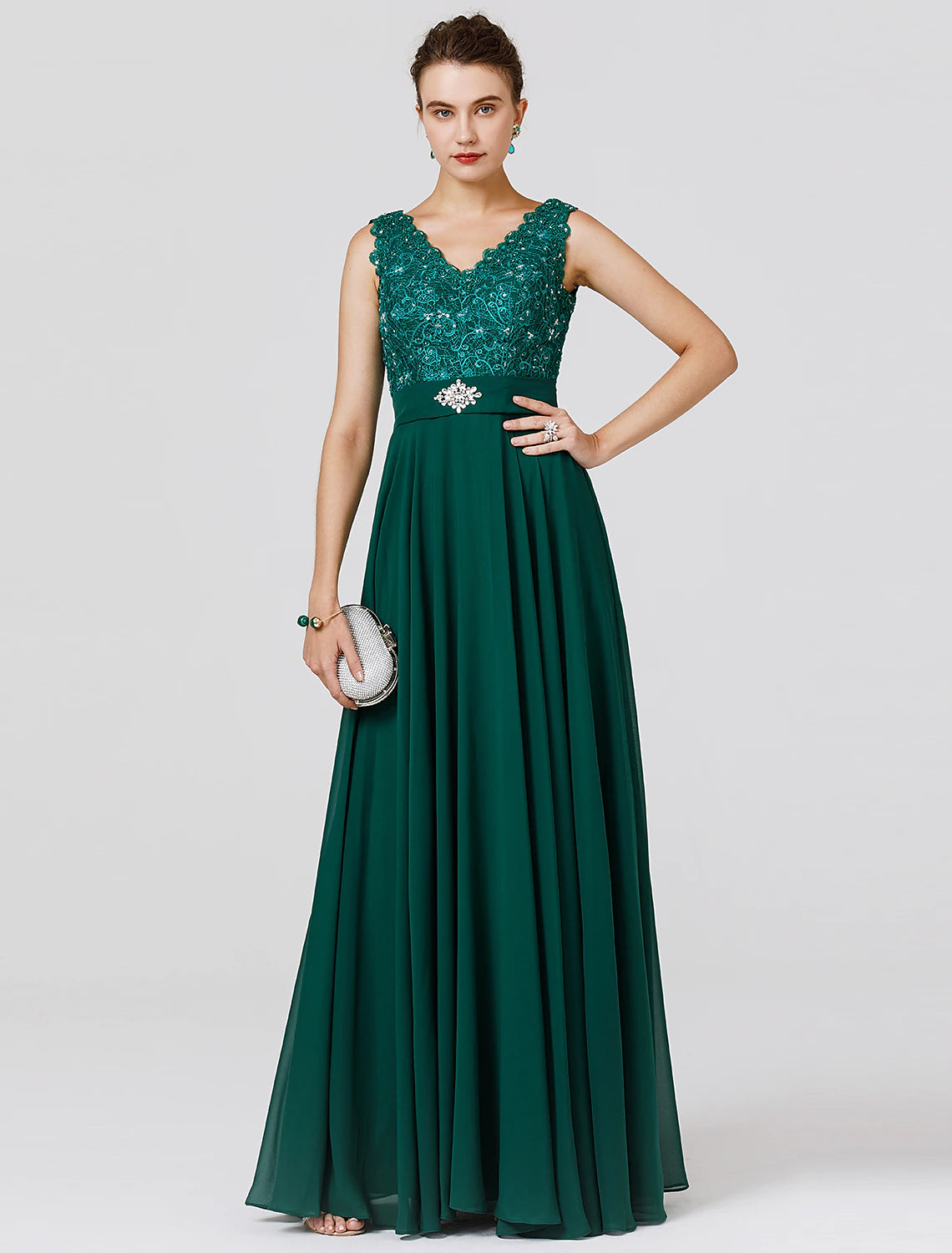 Elegant A-Line Chiffon Wedding Guest Dress - Floor Length, Sleeveless V-Neck with V-Back, Beaded Sash Ribbon | Perfect for Formal Events, Bridal Showers, and Evening Parties