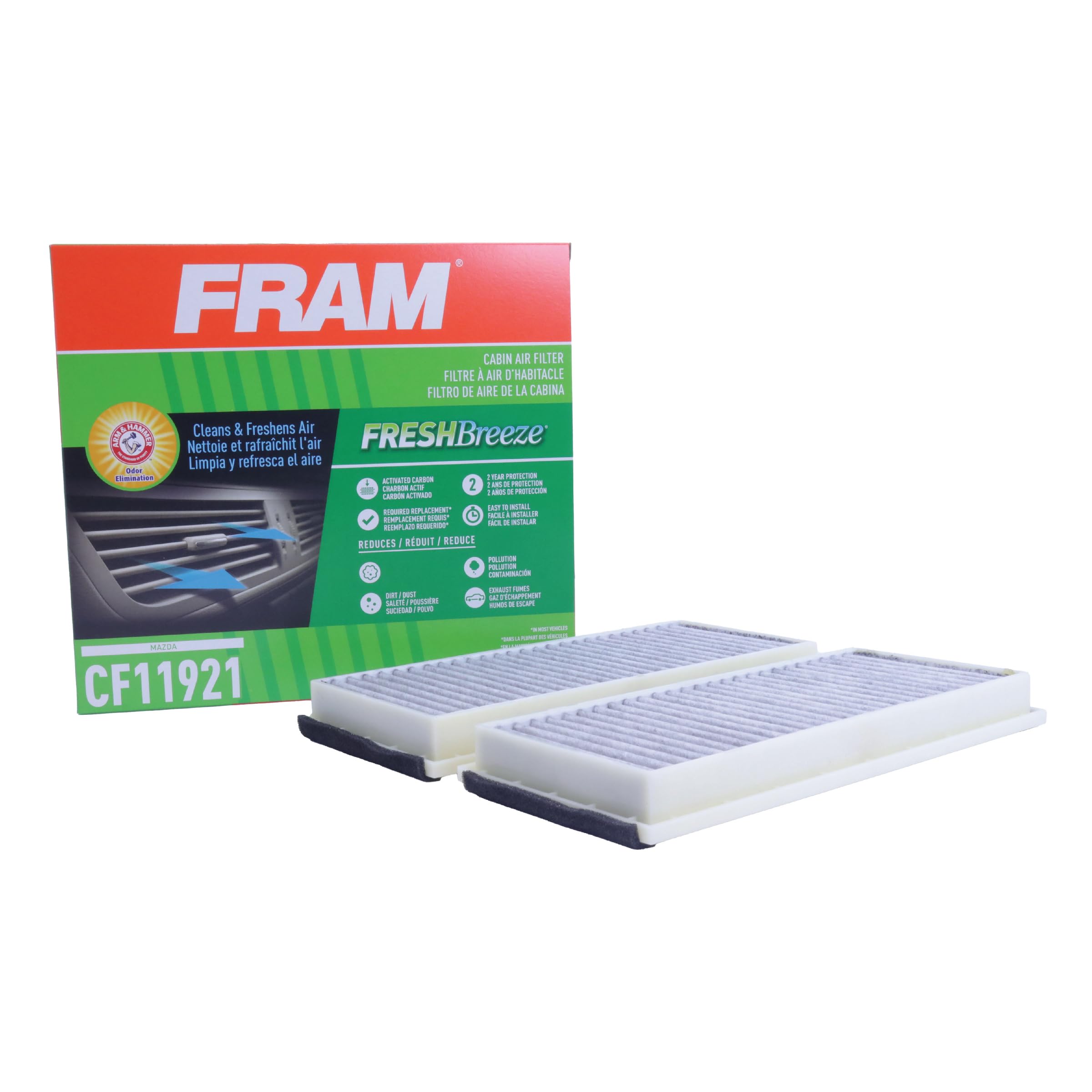 FRAM Fresh Breeze Cabin Air Filter with Arm & Hammer Baking Soda - Replacement for Select Mazda Vehicles (CF11921) | Easy Installation | Improves Air Quality & Reduces Allergens in Car Passenger Compartment | Perfect for City Driving & Allergy Season