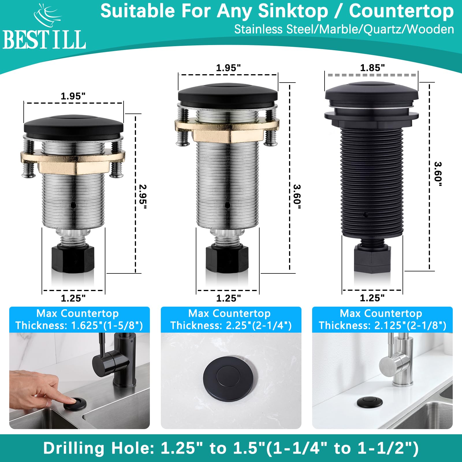 BESTILL Sink Top Air Switch Kit for Garbage Disposal - Matte Black 3.6