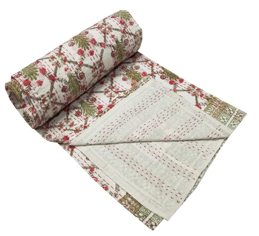 Handmade Indian Kantha Quilt - Floral Printed Cotton Bedspread Coverlet, Queen Size Hand Block Kantha Throw Blanket (Red Tree) | Perfect for Boho Bedroom Decor, Cozy Living Room Accent & Unique Gift Idea