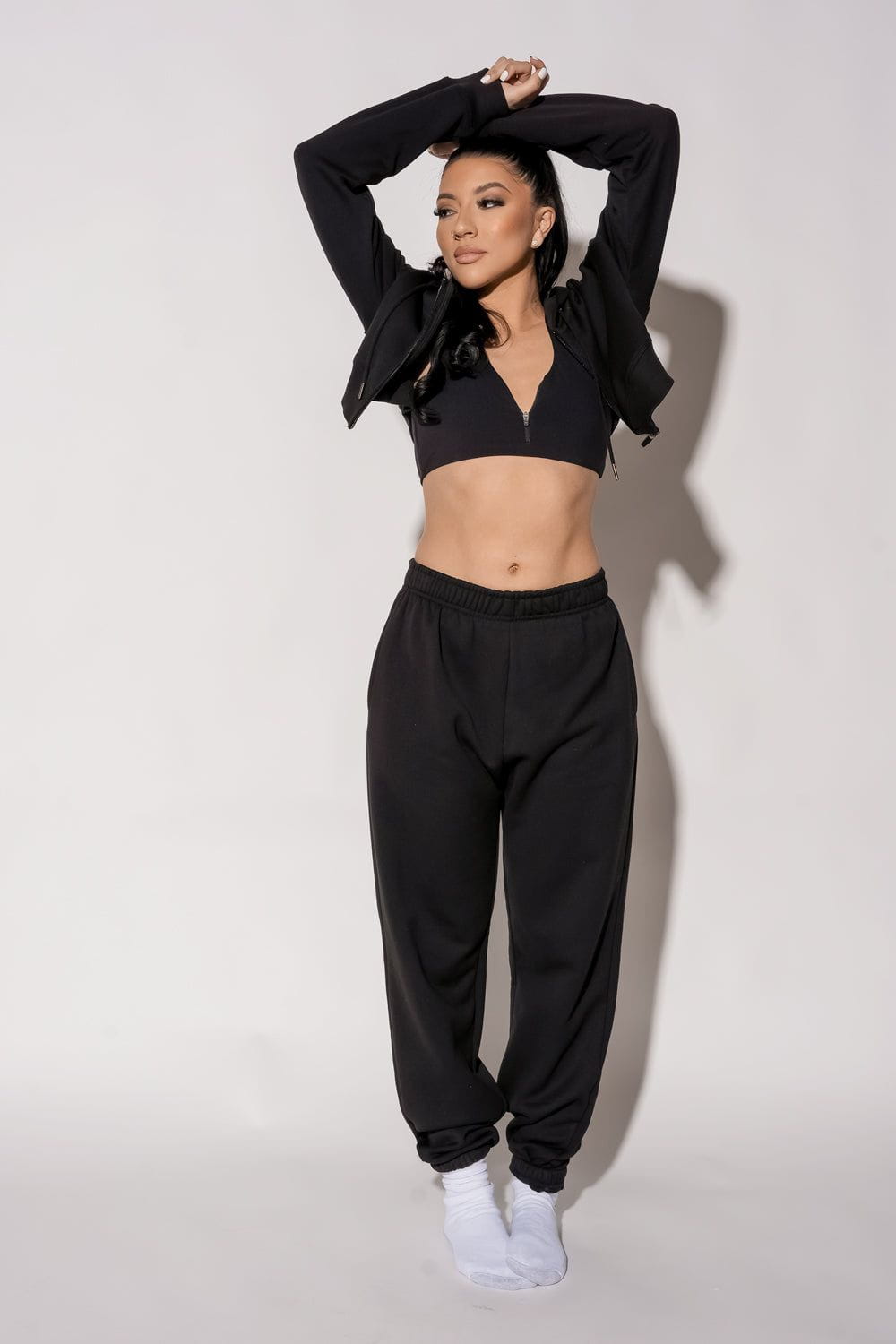 Oversized Cropped Zip Up Hoodie - Black | Women's Casual Streetwear Jacket for Fall & Winter Fashion | Perfect for Gym, Running, and Everyday Wear