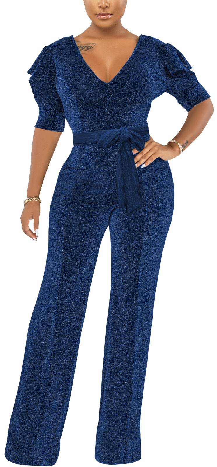 Stylish Women's Sexy Jumpsuit - Elegant V-Neck Long Sleeve Wide Leg Romper with Belt for Party & Night Out | Perfect for Club, Date Night & Special Occasions