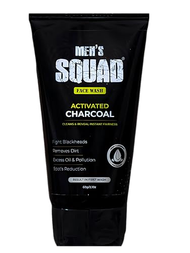 Men's Squad Activated Charcoal Face Wash - Brightening & Anti-Pollution Cleanser for Men & Women, Deep Cleans Acne, Promotes Fresh & Clear Skin (60ml) - Perfect for Summer Skincare & Daily Deep Cleansing Routine