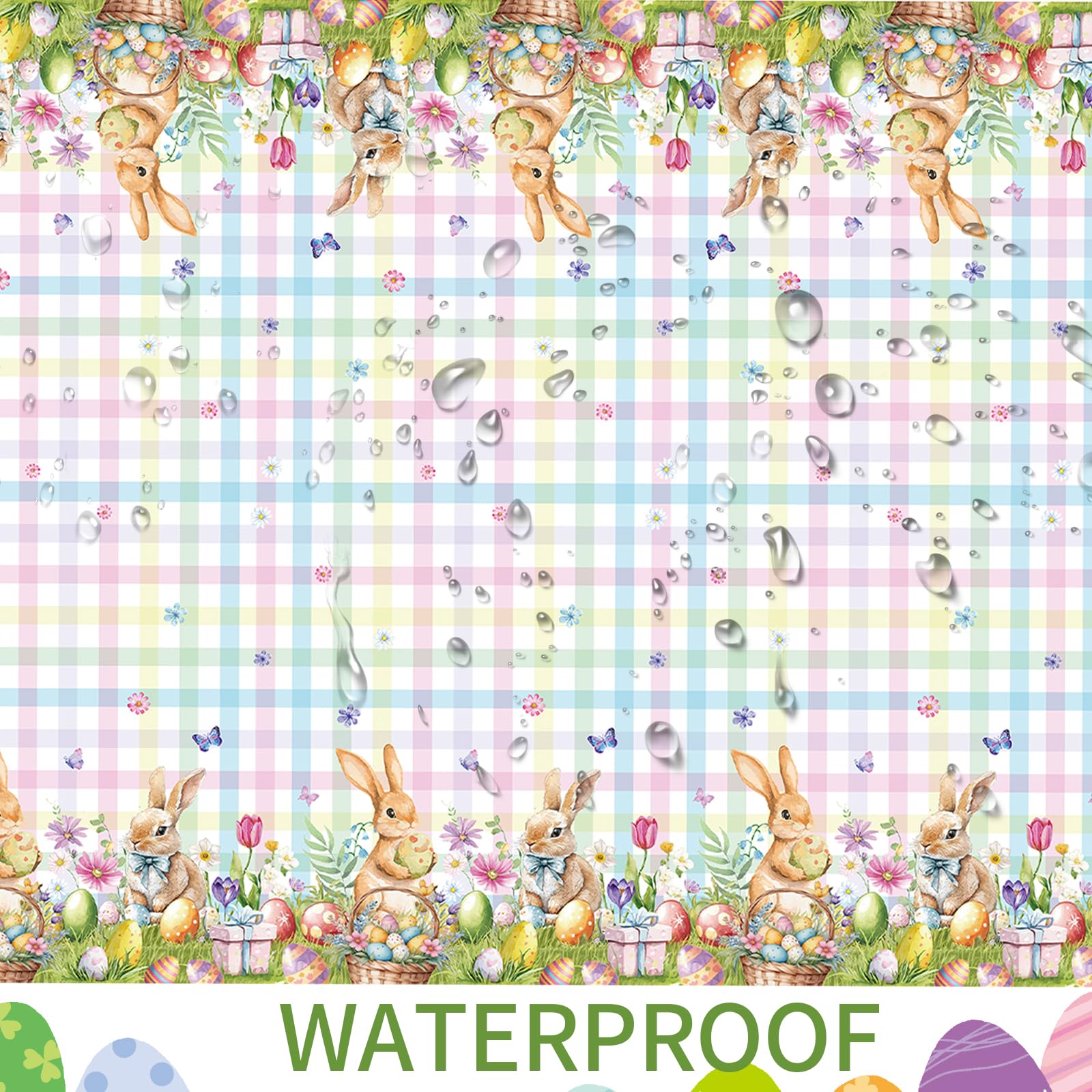 3PCS Easter Tablecloth Set - Disposable Waterproof Plastic Table Cover 54x108 Inch, Spring Bunny Buffalo Check Plaid Design for Easter Party, Birthday Celebration & Outdoor Picnic Decorations (Easter Table Decor)