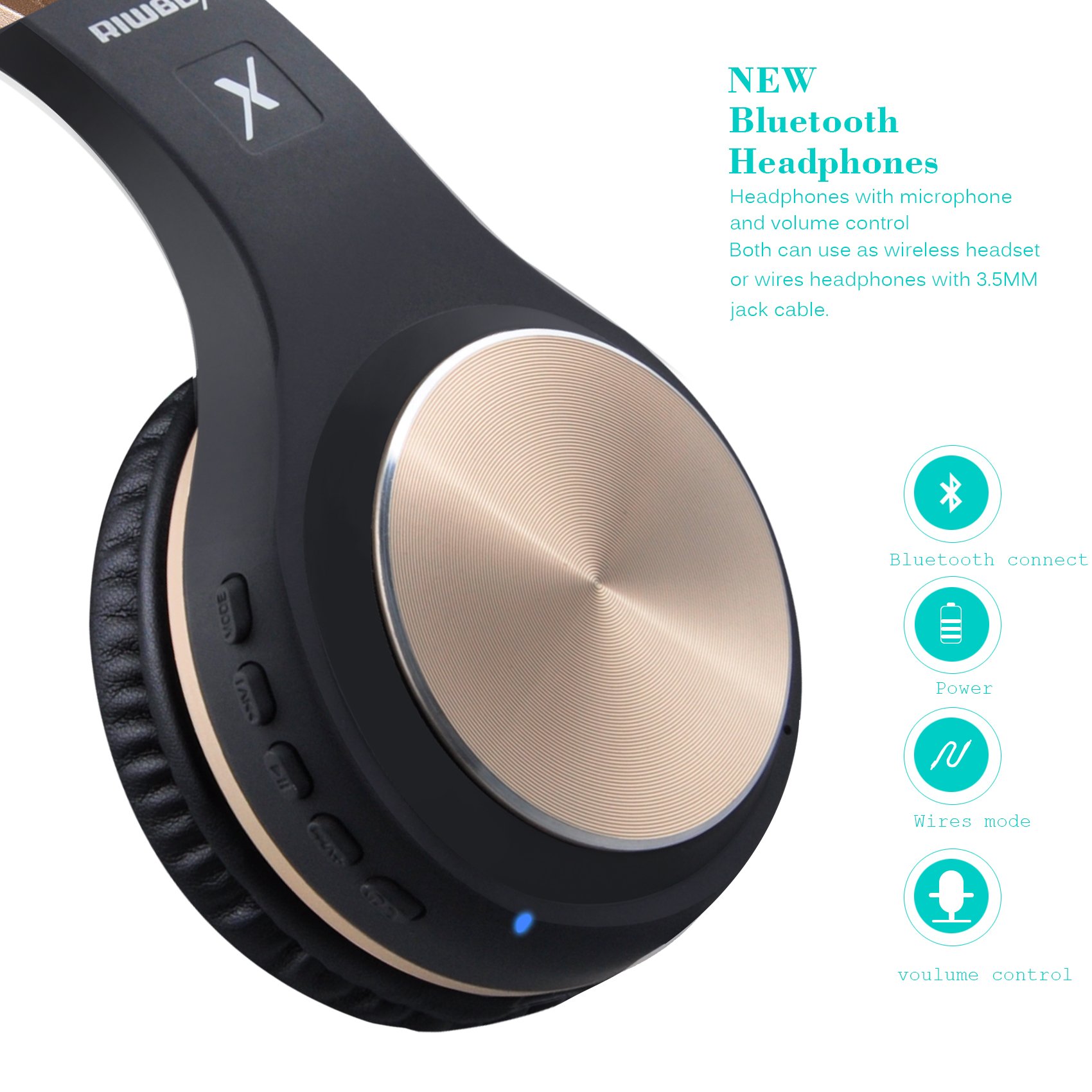 Riwbox XBT-80 Wireless Bluetooth Headphones Over Ear with Microphone, Foldable Stereo Headset with Volume Control for PC/Phone/TV/iPad - Black Gold - Perfect for Gaming, Travel & Home Entertainment