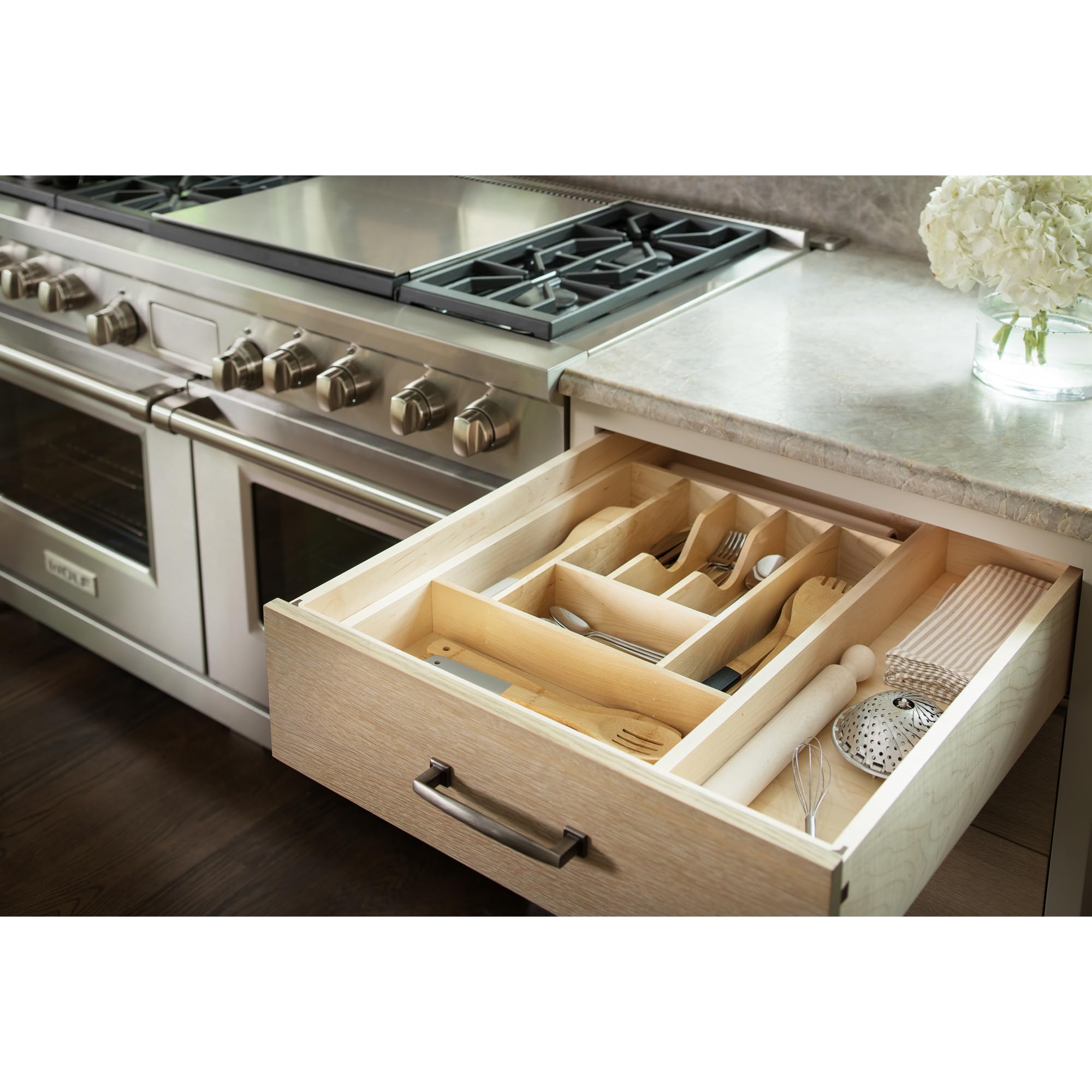 Rev-A-Shelf Adjustable Silverware Drawer Organizer - Natural Maple Wood 7-Compartment Cutlery Tray for Kitchen Utensil Storage (4WCT-1SH) | Perfect for Cutlery Organization in Cabinets & Drawers