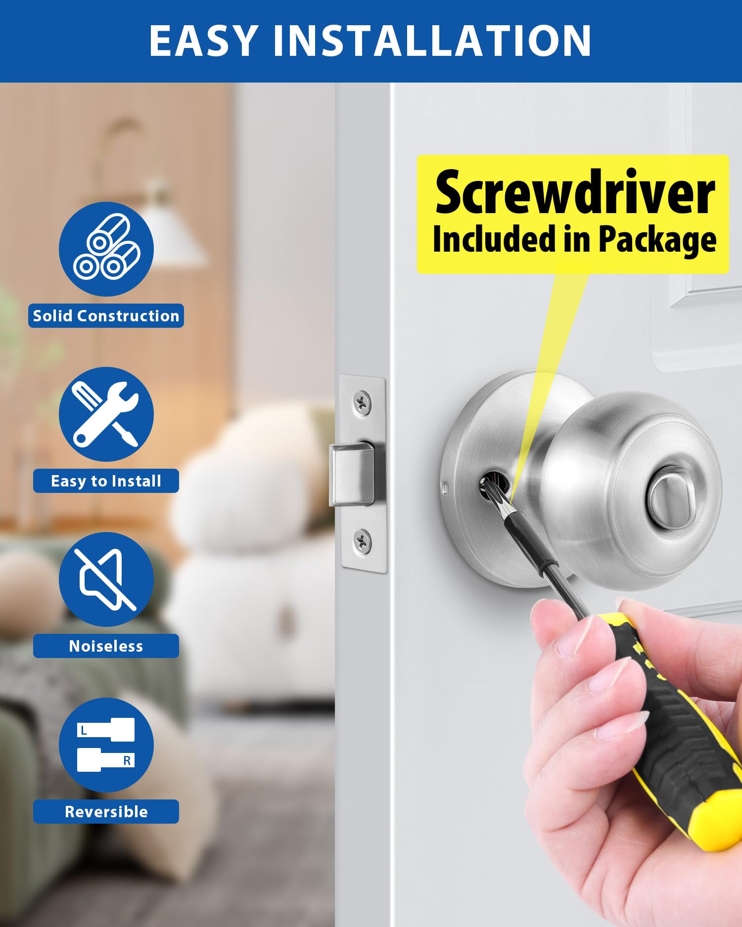 3-Pack Keyed Door Knobs - Stainless Steel Entry Locks for Home Security