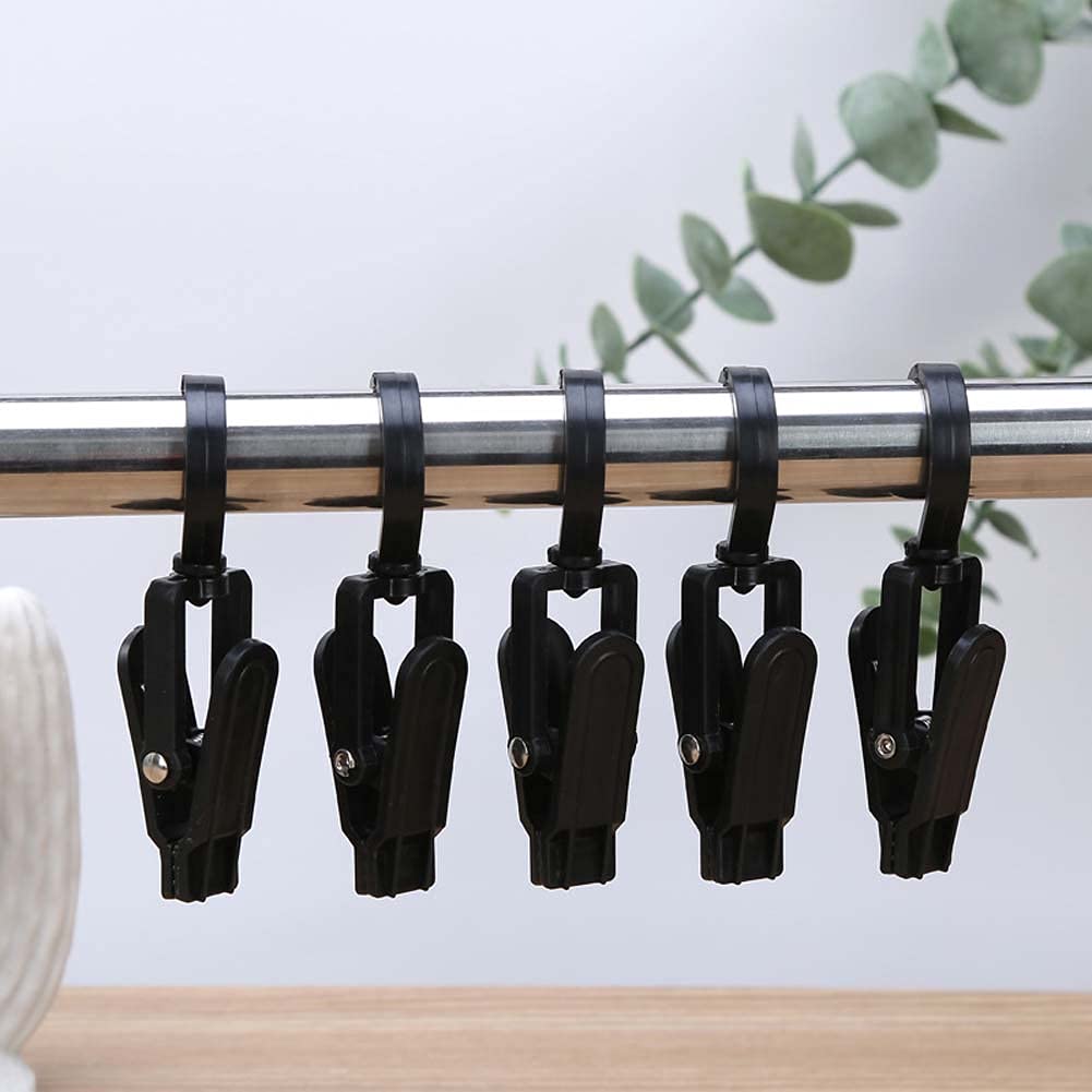 12 Pack Rotating Laundry Hooks - Heavy Duty Plastic Clothes Pins for Hanging Clothes, Curtains, Tarps & Tents | Perfect for Home, Office, Travel, Camping & Outdoor Activities (Black)
