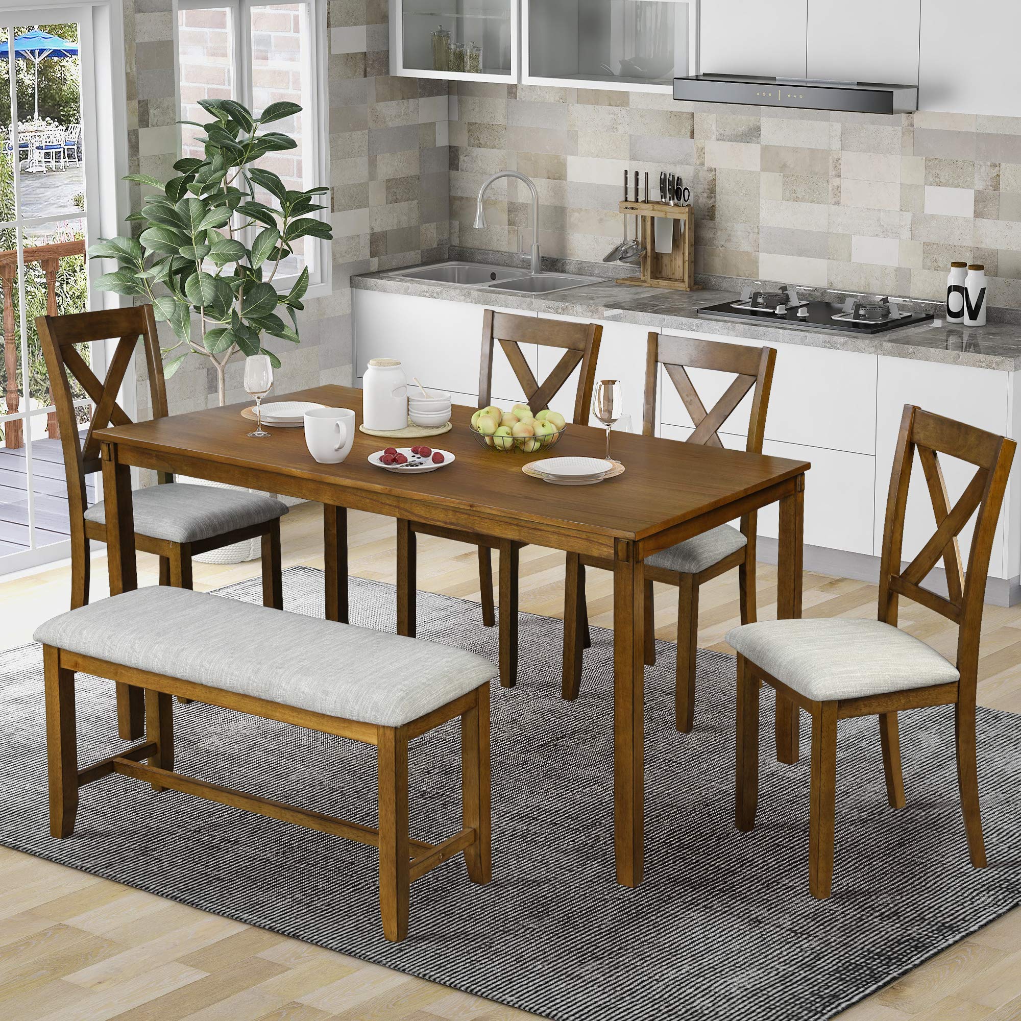 6-Piece Wooden Dining Table Set with Bench & 4 Chairs - Light Brown Kitchen Table for Family of 6 | Perfect for Dining Room, Kitchen, Breakfast Nook & Small Space Gatherings