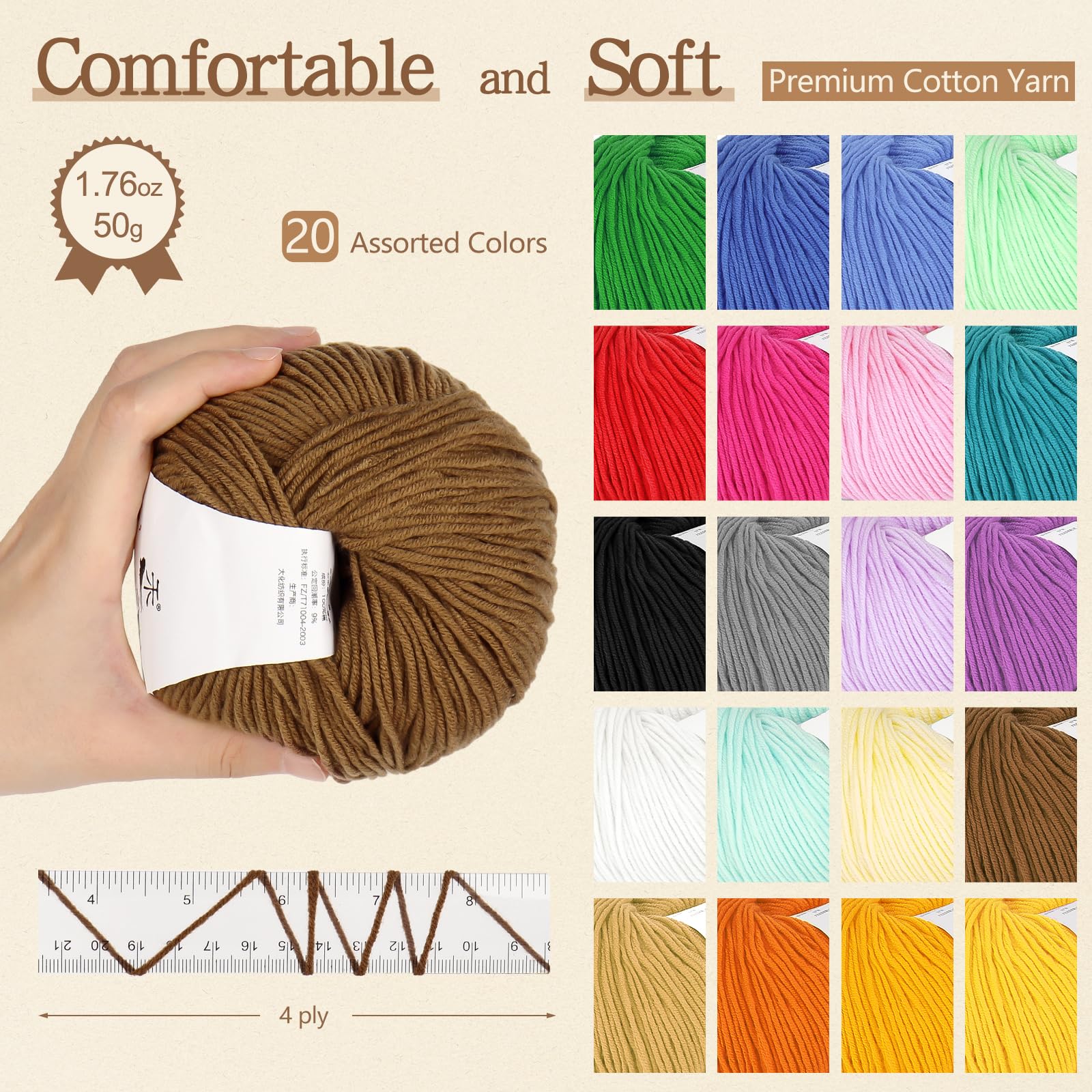 Katech 20 Skeins Cotton Yarn for Crocheting & Knitting - Sport Weight 55% Cotton 45% Acrylic Blend - Soft Milk Cotton Yarn Kit - Perfect for DIY Blankets, Scarves & Amigurumi Projects