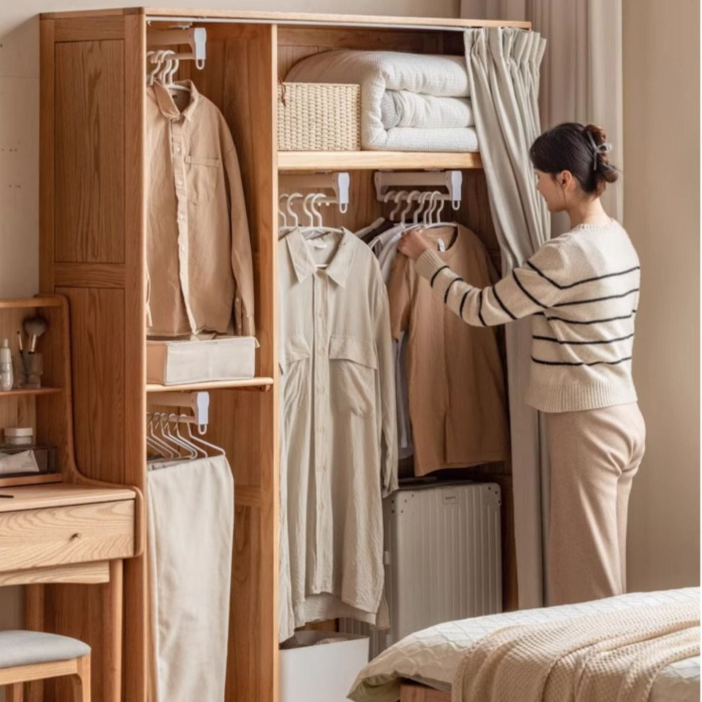 Solid Oak Wood Wardrobe with Thin Fabric Curtain - Stylish Closet Organizer for Bedroom, Living Room & Dorm Storage