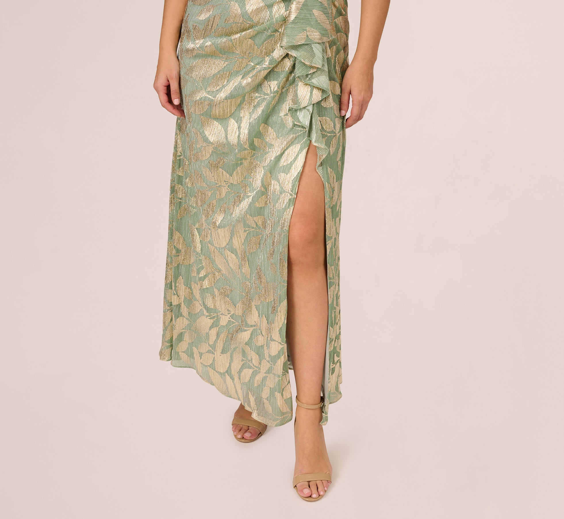 Elegant Plus Size Sage Gold Foil Printed Asymmetric Gown with Ruffled Details - Perfect for Formal Events, Evening Parties, and Special Occasions