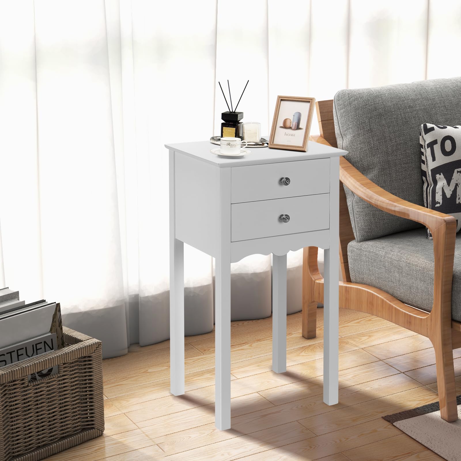 Giantex 2-Piece White End Table Set with 2 Drawers - Multi-Purpose Nightstand, Side Table for Living Room, Bedroom & Home Decor - Perfect for Small Spaces, Apartment Essentials & Accent Furniture
