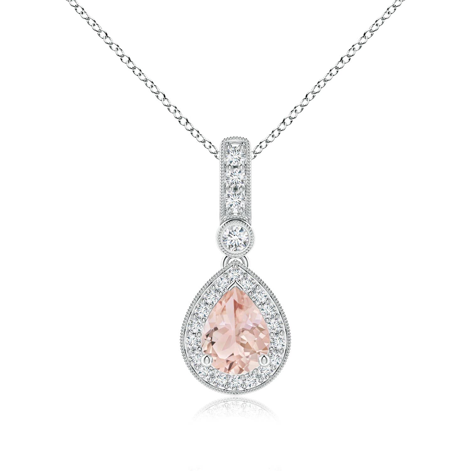 Angara Natural Morganite Halo Pendant Necklace for Women & Girls - 14K Solid Gold/Platinum Jewelry | Perfect Gift for Birthday, Wedding Anniversary & Special Occasions | Elegant Everyday Wear & Formal Events