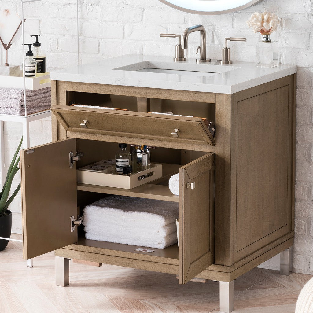 James Martin Vanities Chicago Collection 30-Inch Single Bathroom Vanity in Whitewashed Walnut with Countertop Options - Perfect for Modern Bathroom Renovations & Small Space Solutions