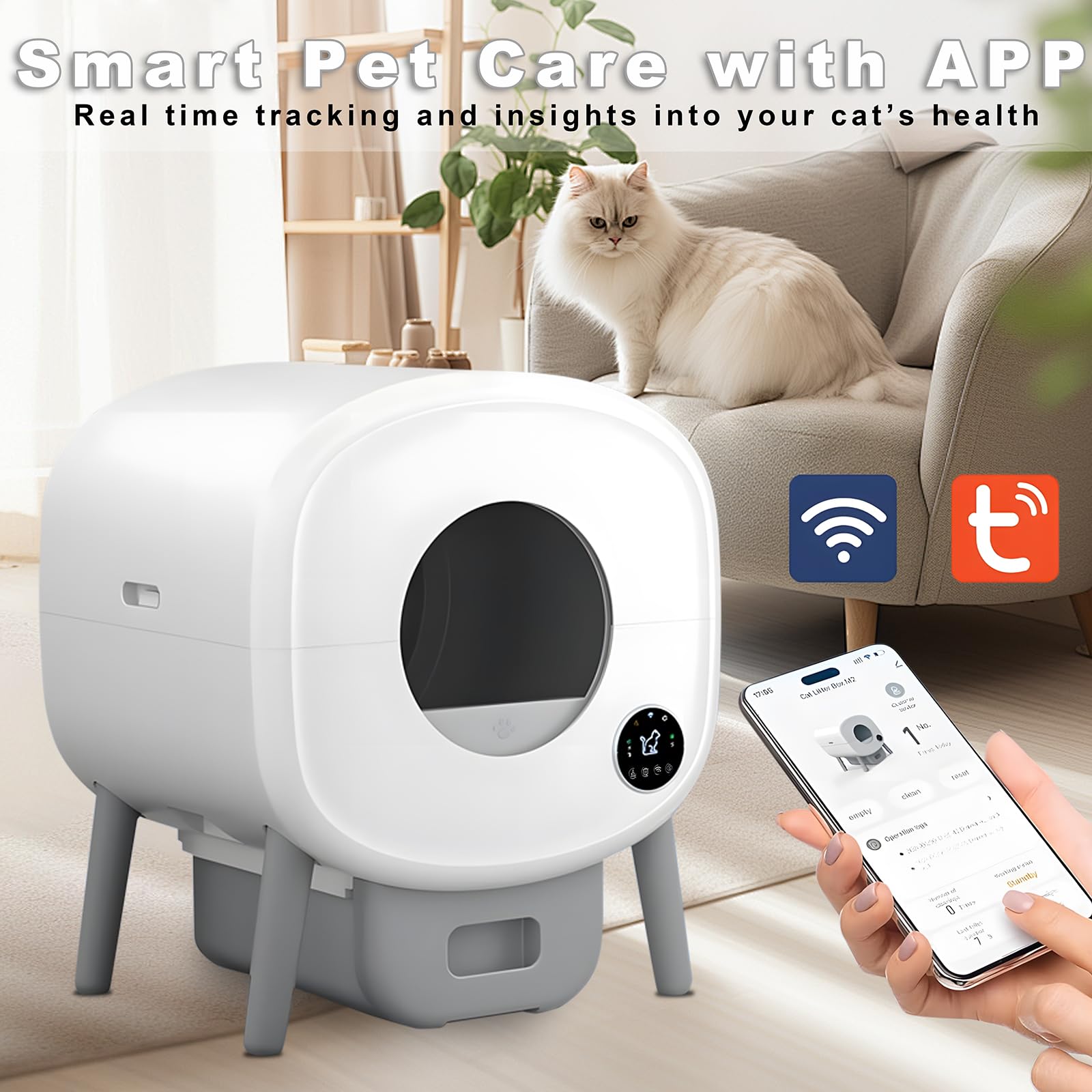 Self Cleaning Cat Litter Box - 100L Automatic Kitty Litter Box for Multiple Cats with Built-in Ambient Light, Double Odor Removal & Safety Protection, App Control - Includes 2 Rolls Liners Bags & Mat - Perfect for Busy Pet Owners & Multi-Cat Households