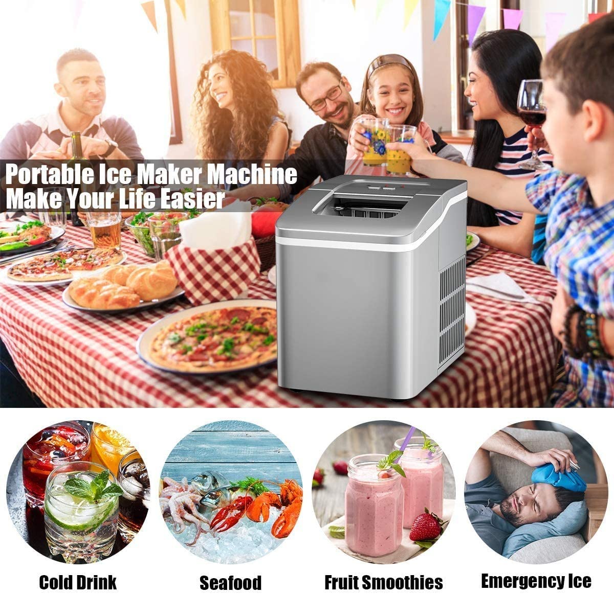 Posdutti Countertop Ice Maker Machine - 26Lbs/24H, 8-Minute Fast Ice Production, Bullet-Shaped Ice Cubes, Self-Cleaning, Includes Basket & Scoop - Perfect for Home, Office, Parties & Outdoor Activities (Silver)