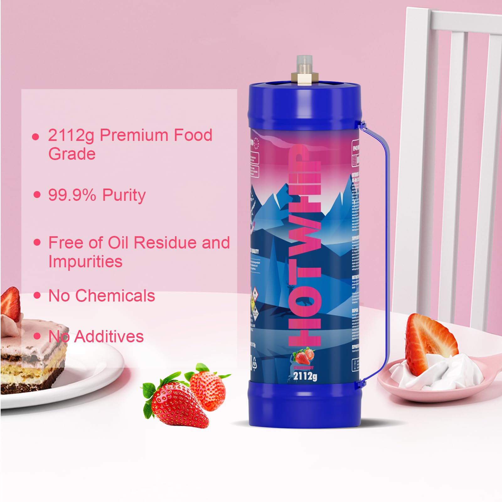 Premium Whipped Cream Charger 2x3.3L (2112G) - 99.99% Purity Nitrous Oxide Canisters for Whip Cream Dispenser - 2 Cylinders Strawberry Flavor - Perfect for Baking, Desserts & Coffee Toppings