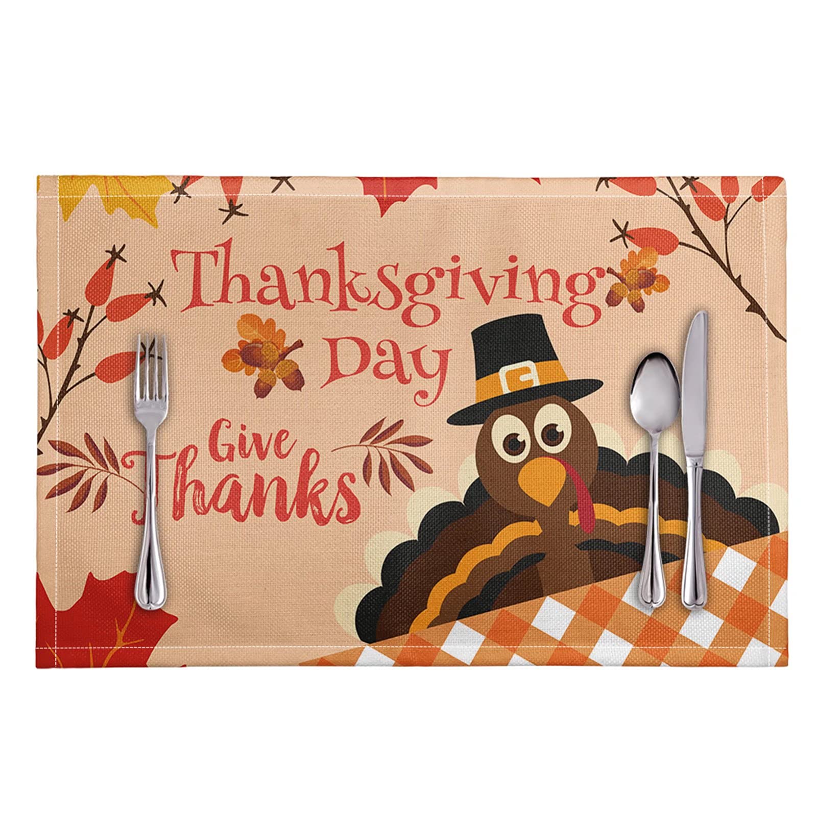 Thanksgiving Day Placemat Set of 6 - Non-Slip PVC Heat Resistant Table Mats for Dining & Kitchen Decor with Chicken Print - Perfect for Holiday Gatherings, Family Dinners and Festive Home Decorations