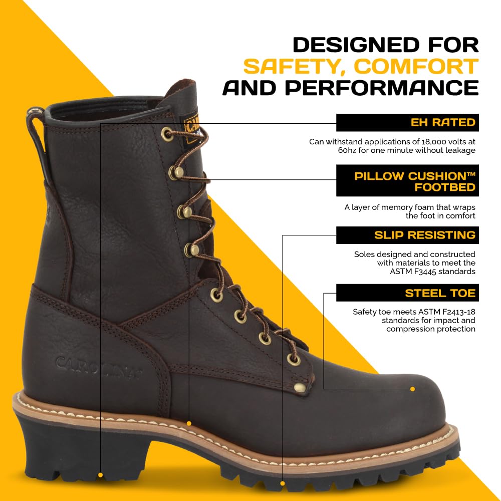 **Carolina Elm 8-Inch Steel Toe Logger Work Boots for Men - Rugged Leather Upper, Comfort Footbed, Oil & Slip-Resistant Rubber Lug Outsole, EH Rated - Ideal for Construction, Logging & Heavy-Duty Work**