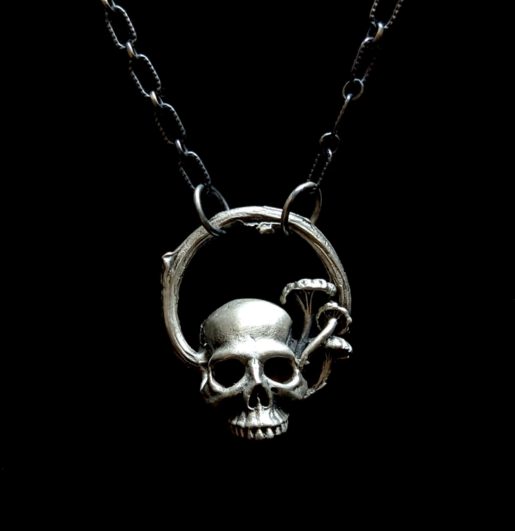 Skull and Mushroom Sterling Silver Necklace - Gothic Jewelry for Women & Men - Perfect for Halloween, Punk Fashion & Boho Style