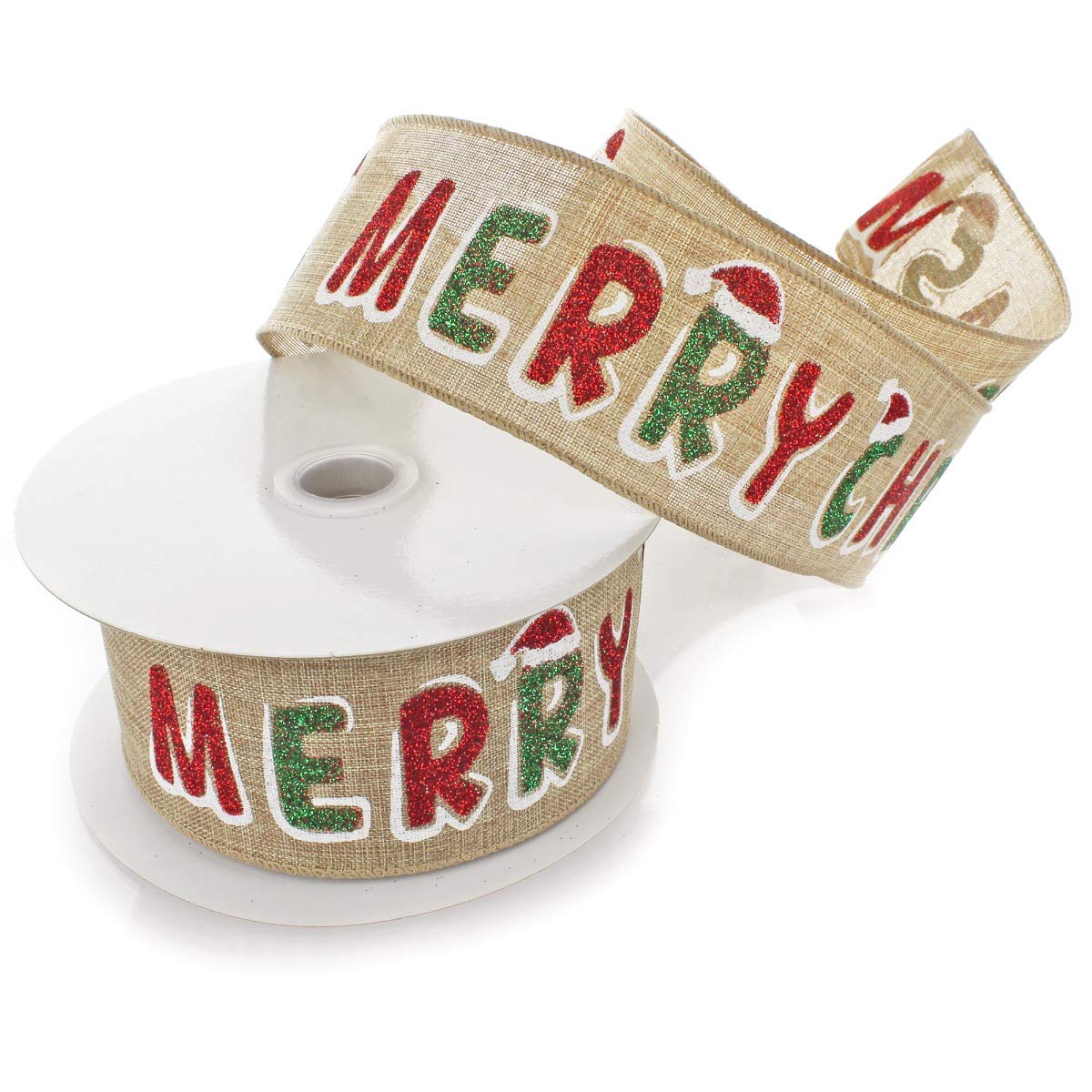Merry Christmas Wired Burlap Ribbon - 2.5 Inch x 25 Yards Red & Green Holiday Decorative Ribbon for Gift Wrapping, Tree Decorations and DIY Crafts