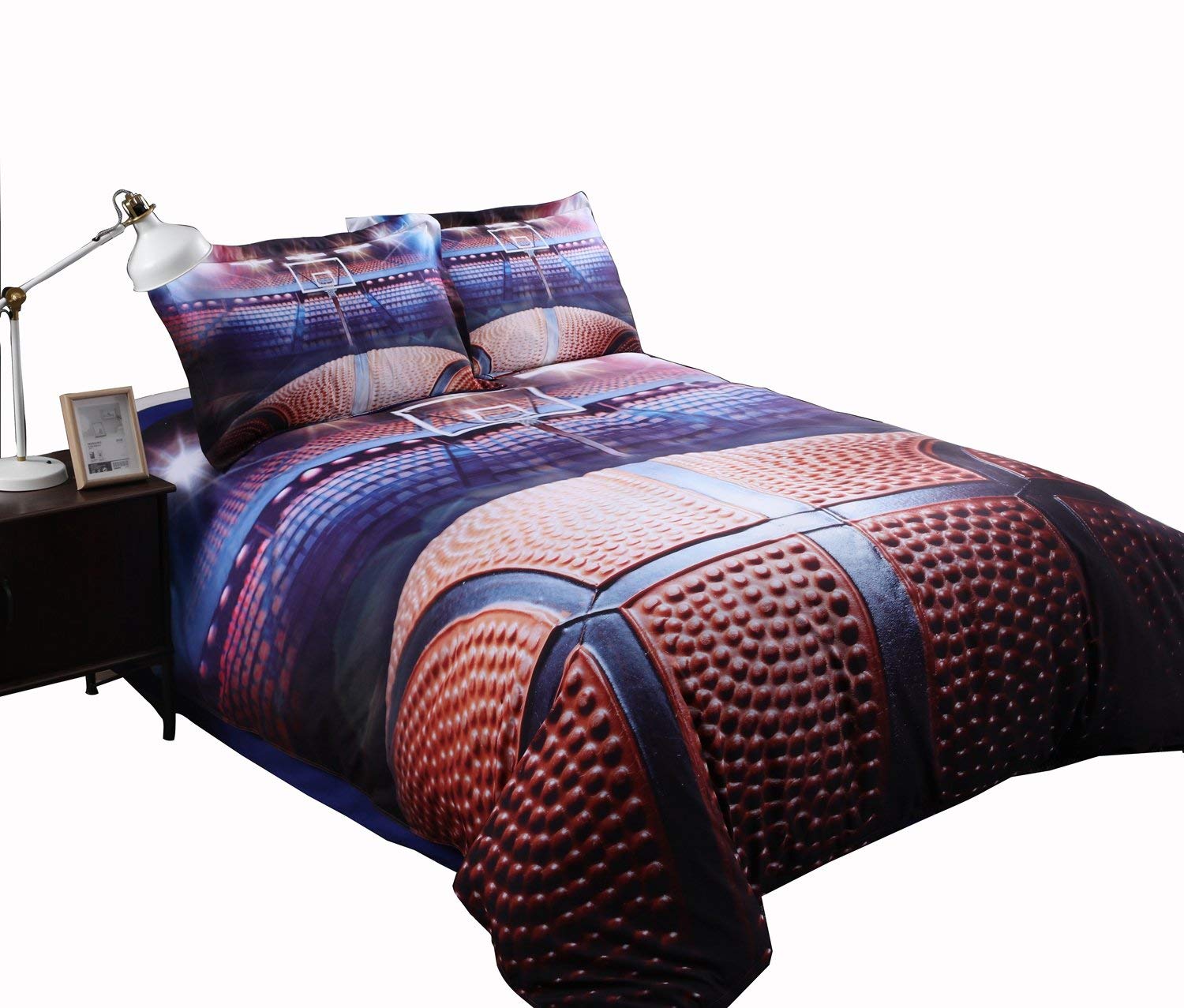RLQ 3D Basketball Bedding Set - 4-Piece Duvet Cover with Pillowcases - Lifelike Basketball Court Design for Teen Boys & Sports Fans - Full Size Bed Sheets - Perfect for Boys' Bedroom, Dorm Room & Sports Themed Decor
