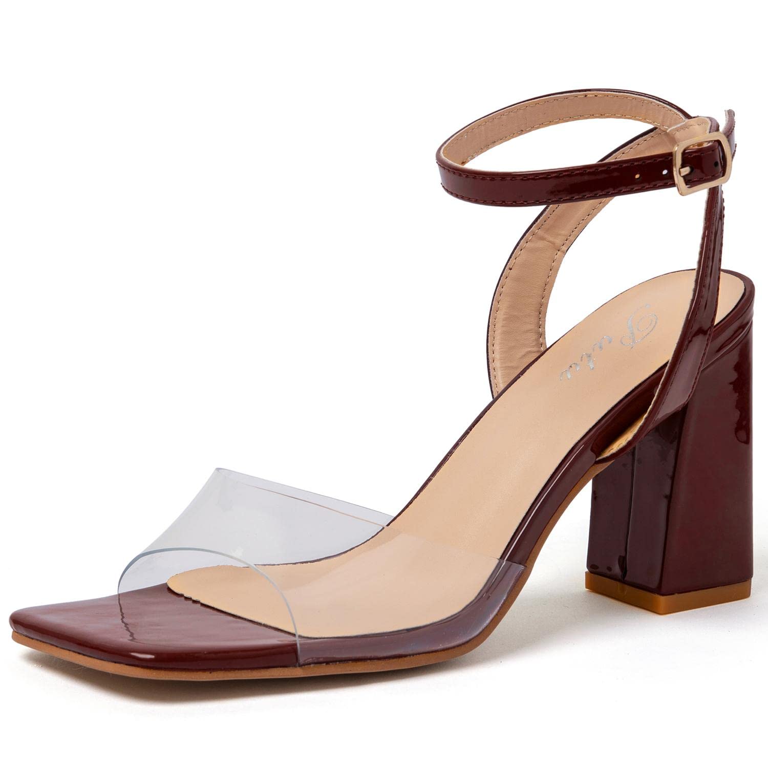 Putu Women's Clear Chunky High Heels - Square Open Toe Ankle Strap Heeled Sandals for Parties, Weddings & Summer Outfits | Comfortable Dress Shoes for Women