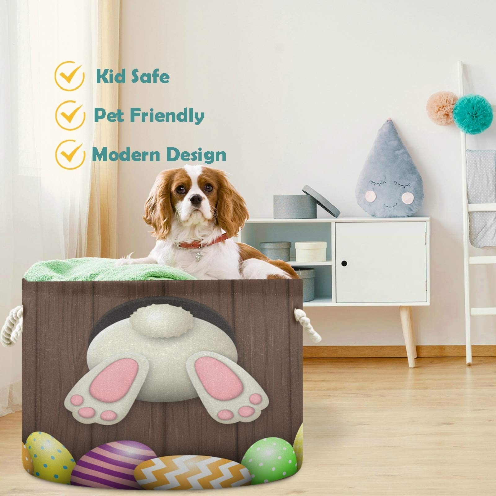 Visesunny White Bunny Easter Eggs Collapsible Fabric Storage Basket - Dark Brown Wooden Pattern Laundry Bin for Clothes, Toys & Organizing - Perfect for Bathroom, Bedroom, Nursery & Closet Storage Solutions