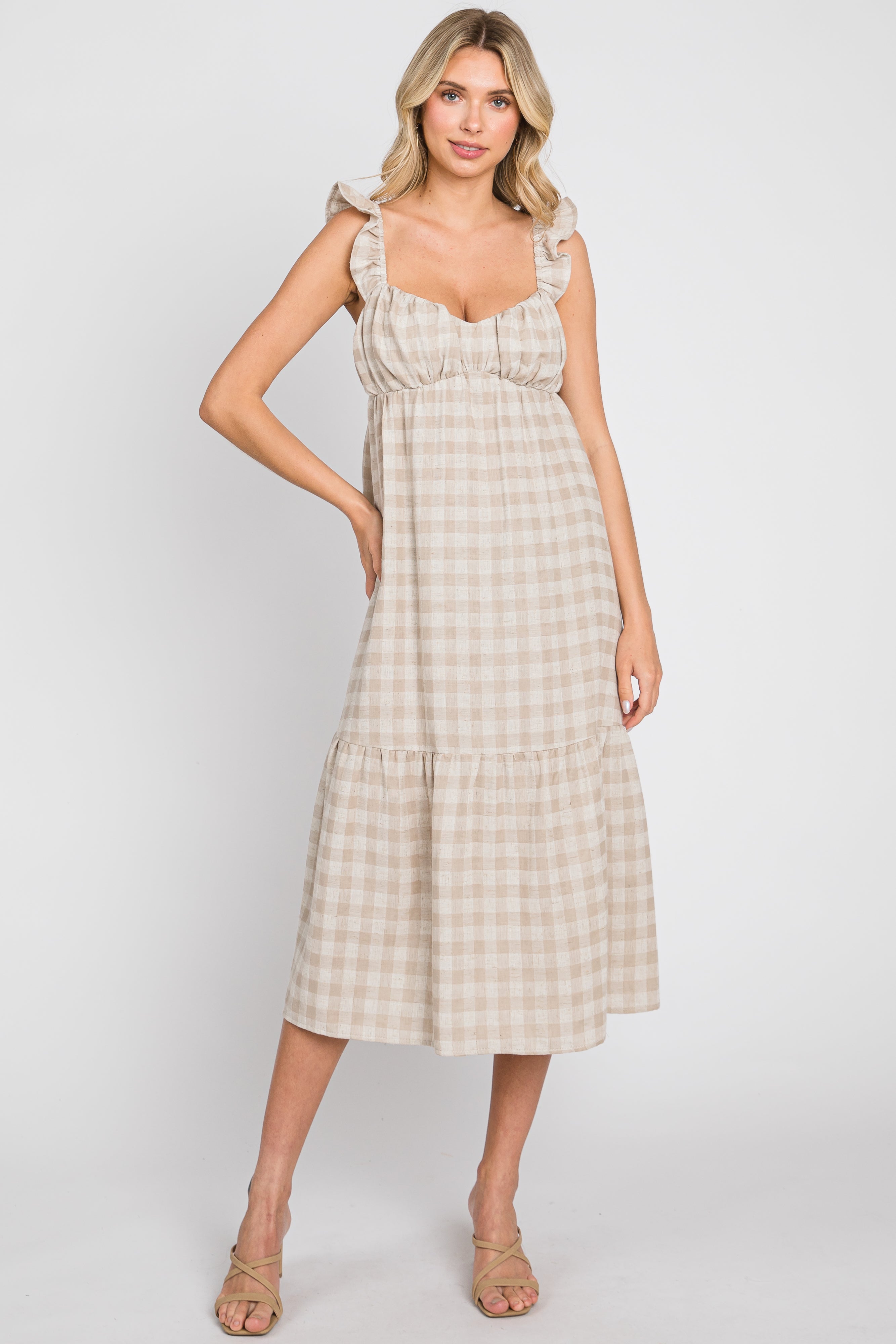 Beige Checkered Linen Maternity Dress - Sweetheart Neckline with Ruffle Straps, Flowy Midi Length for Pregnancy & Nursing | Perfect for Baby Showers, Maternity Photos & Summer Outings