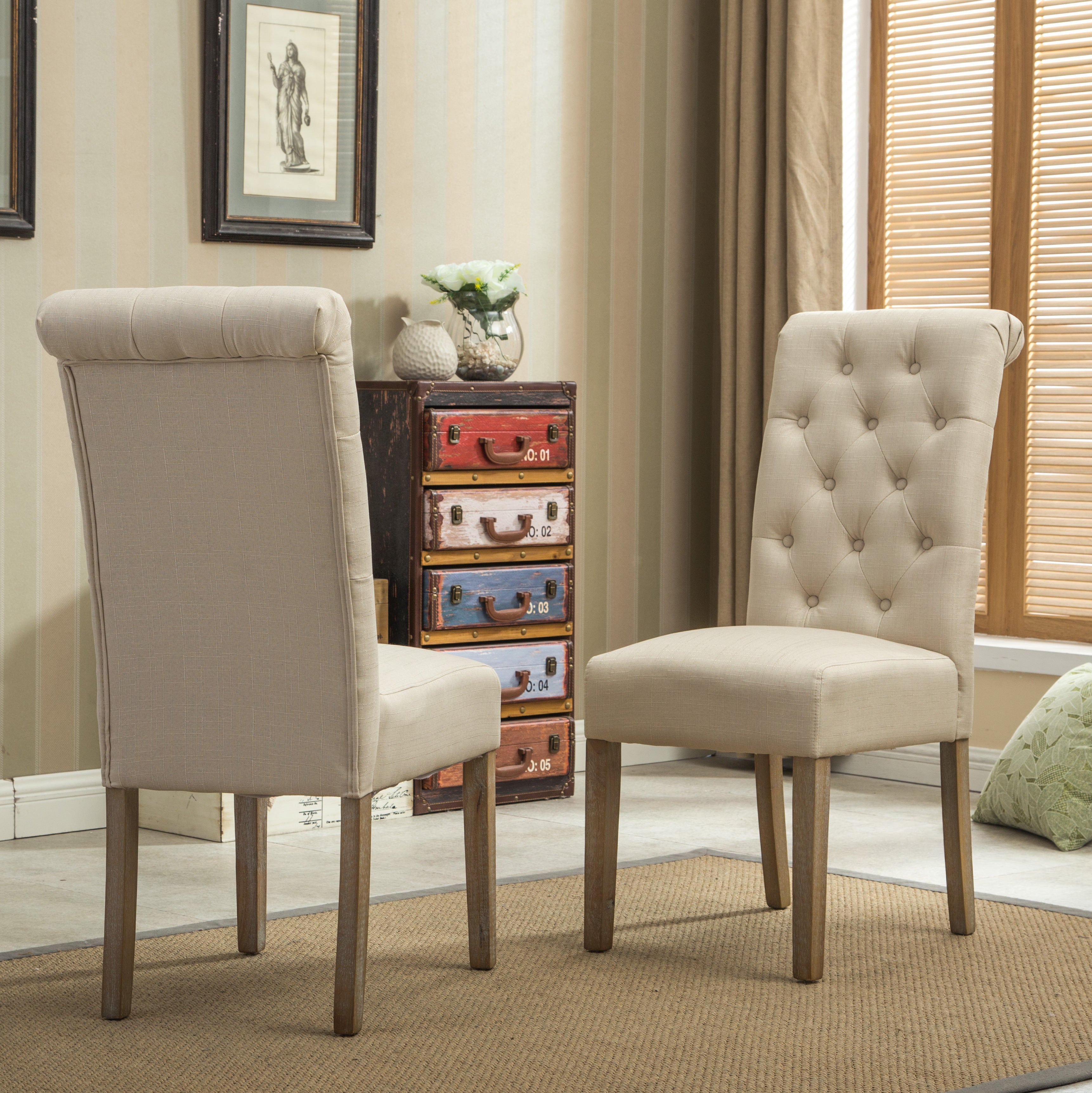 Roundhill Furniture Habit Solid Wood Tufted Parsons Dining Chair Set of 2, Tan - Modern Farmhouse Style Dining Chairs for Kitchen, Dining Room & Home Office