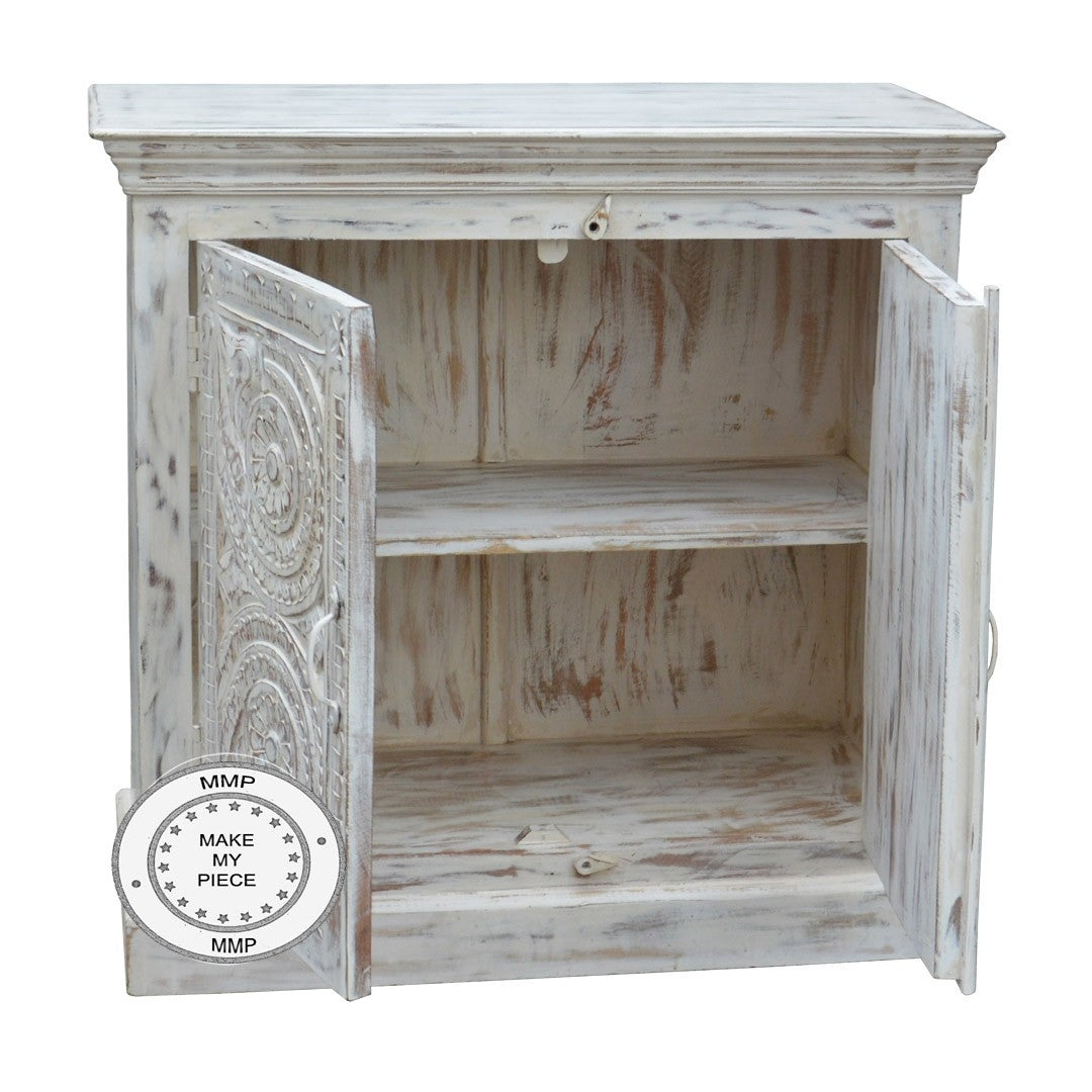 Hand Carved Floral Indian Small Cabinet with Intricate Doors - White - Perfect for Home Decor, Living Room Storage & Boho Style Interiors