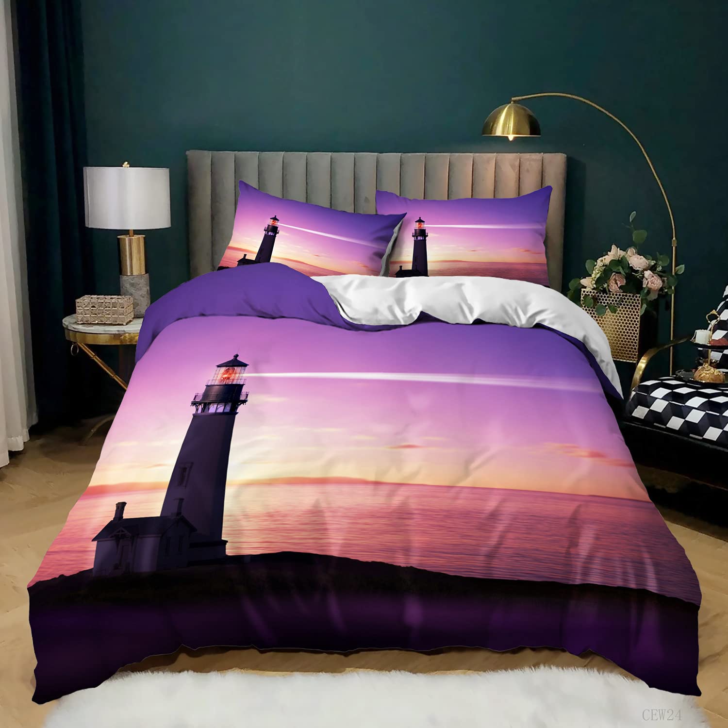 Ocean Lighthouse Duvet Cover Set - Twin Size, 3-Piece Coastal Theme Bedding with Pillowcases (No Comforter Included) | Perfect for Beach House, Nautical Room Decor & Lighthouse Lovers