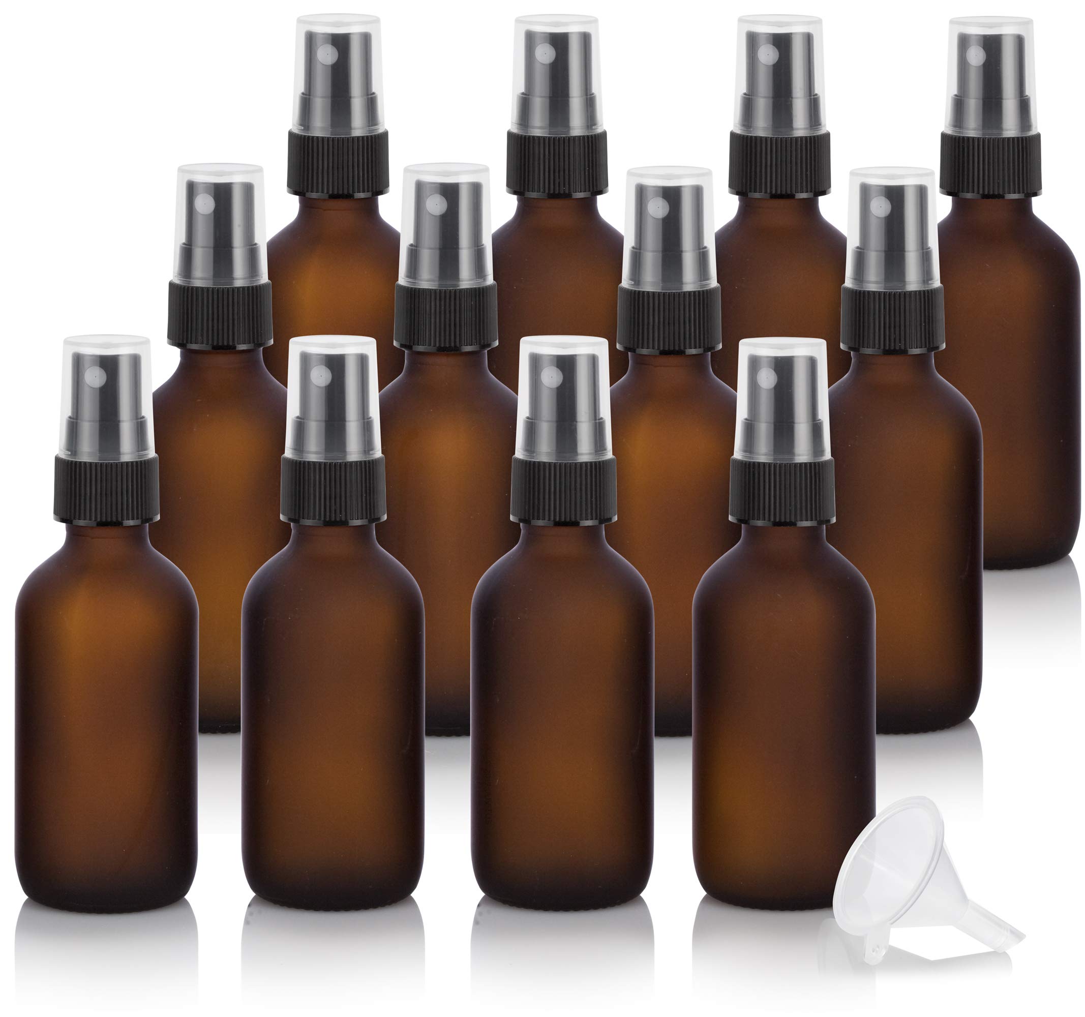 JUVITUS 12-Pack 2 oz Frosted Amber Glass Boston Round Bottles with Black Fine Mist Spray & Funnel - Perfect for Essential Oils, Perfumes, DIY Beauty Products and Travel Size Liquids